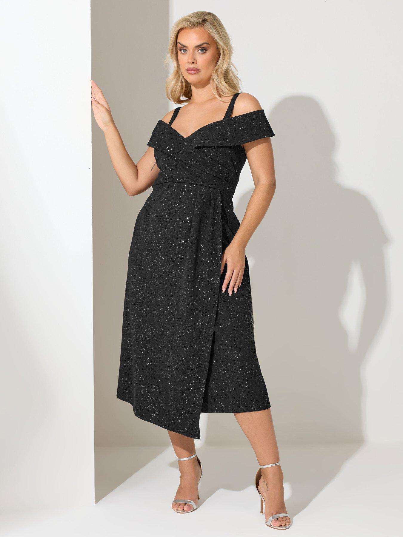 Yours Curve Bardot Wrap Glitter Skater Dress - Black
