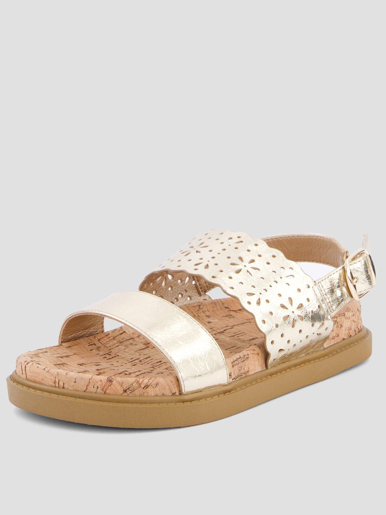 The Very Collection Twin Strap Lasercut Metallic Sandal - Gold