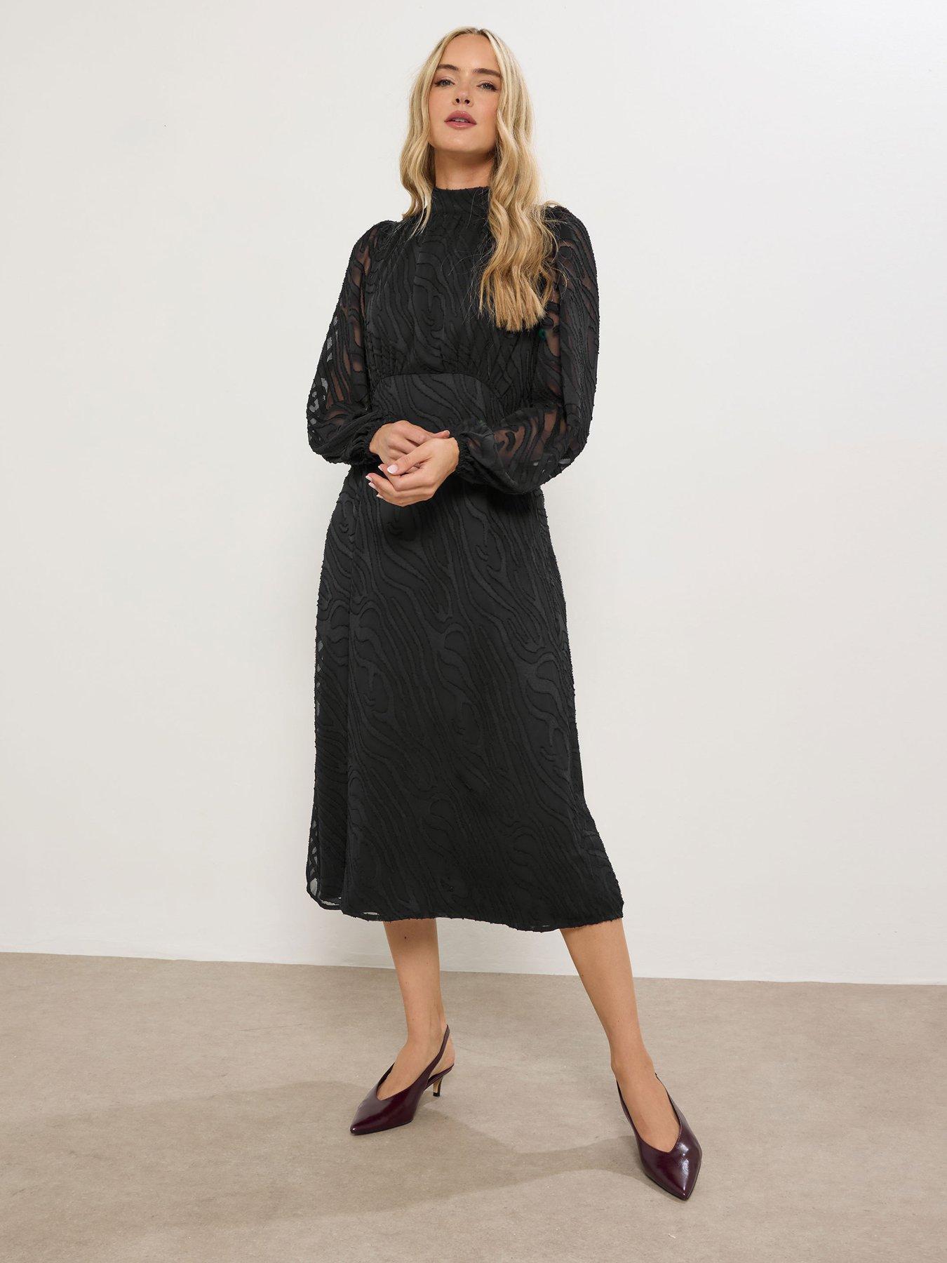 Long Tall Sally Burnout Tie Neck Midi Dress - Black