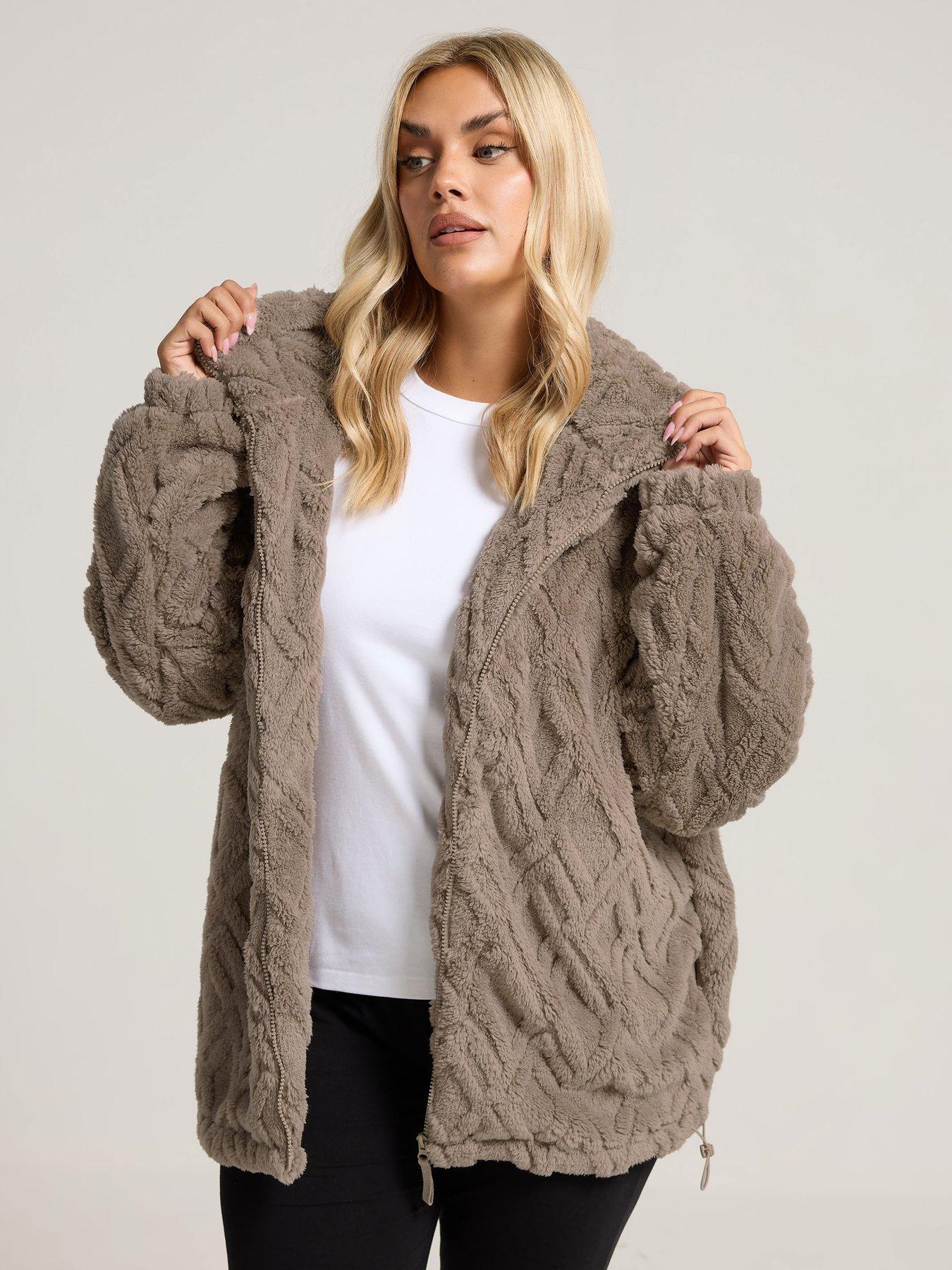 Yours Curve Texture Zip Thru Fleece - Brown