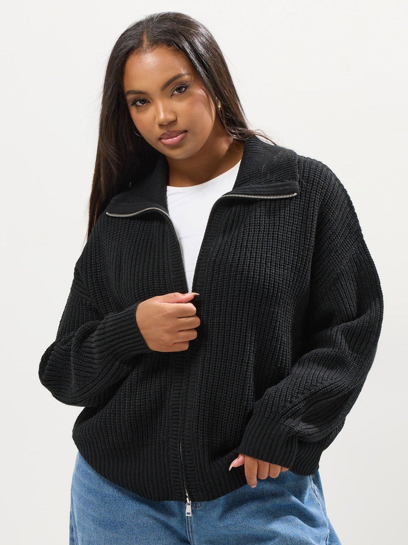 Image 1 of 4 of Yours Curve Funnel Neck Collar Bomber Cardigan - Black