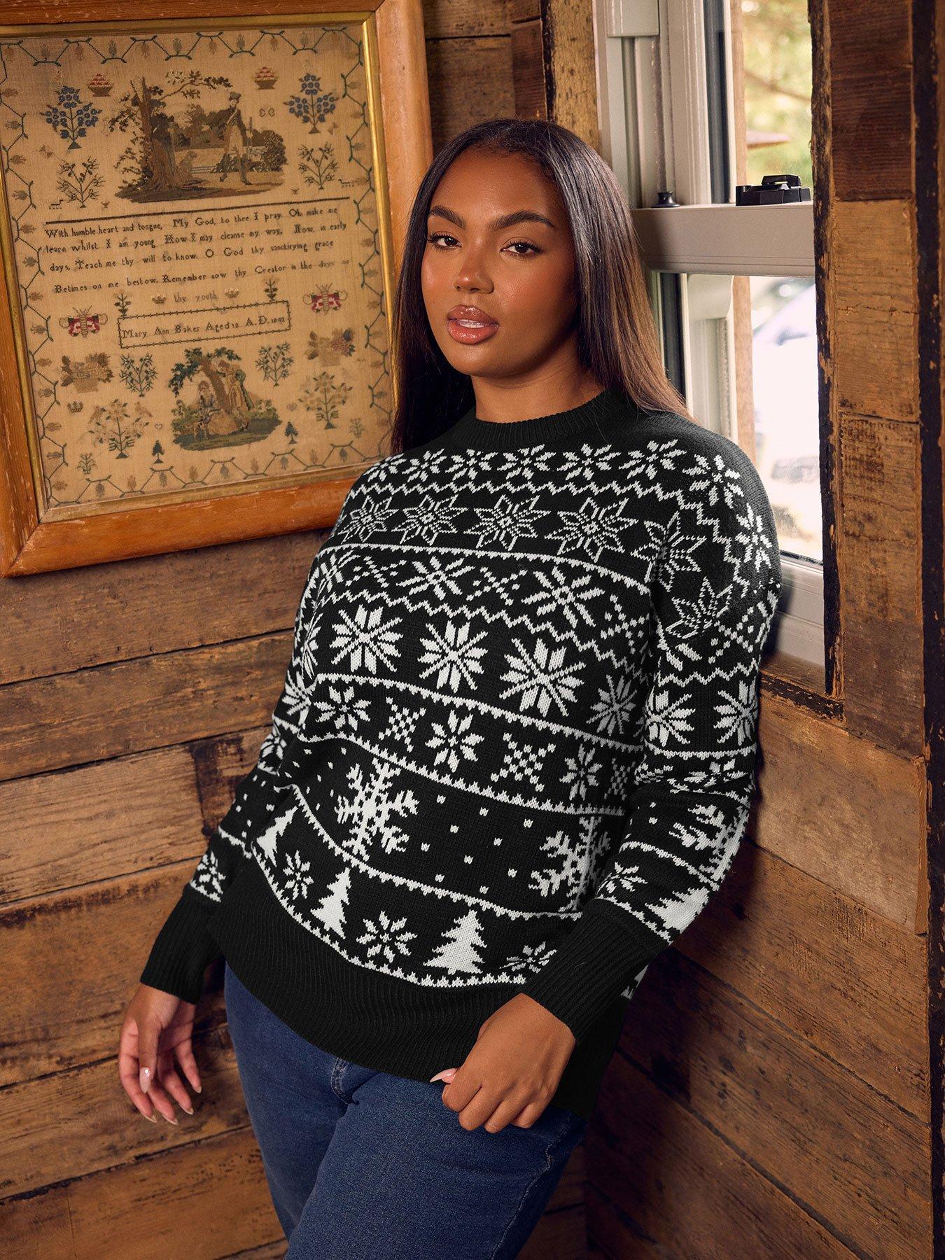 Yours Curve Snowflake Fairisle Jumper - Black