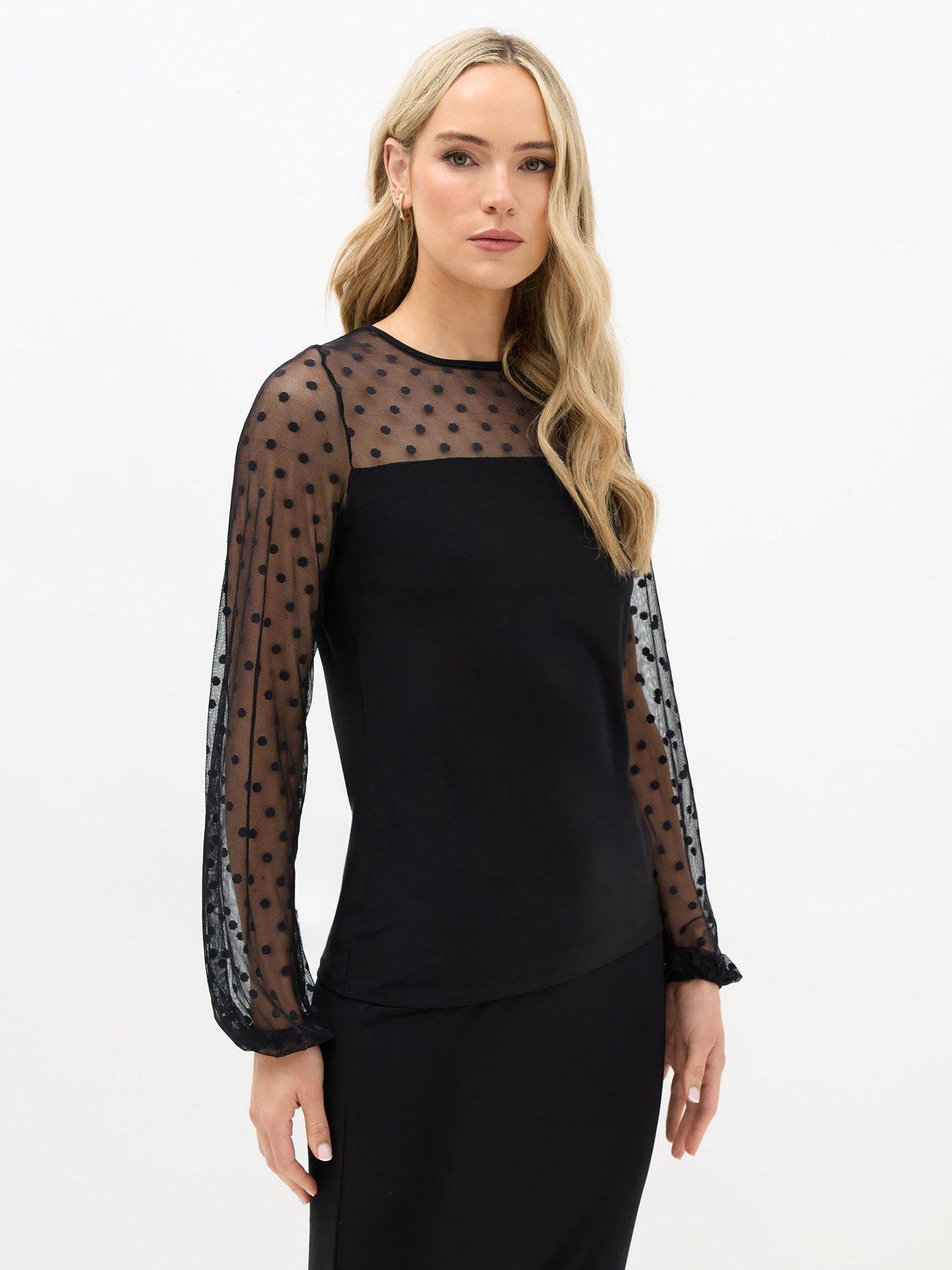 Long Tall Sally Spot Mesh Sleeve Yoke Top - Black