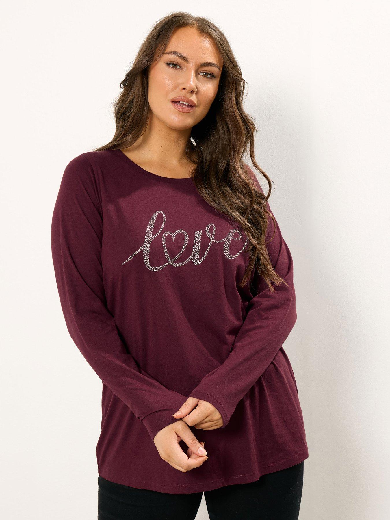 Yours Curve Long Sleeve Love Print T-Shirt - Red