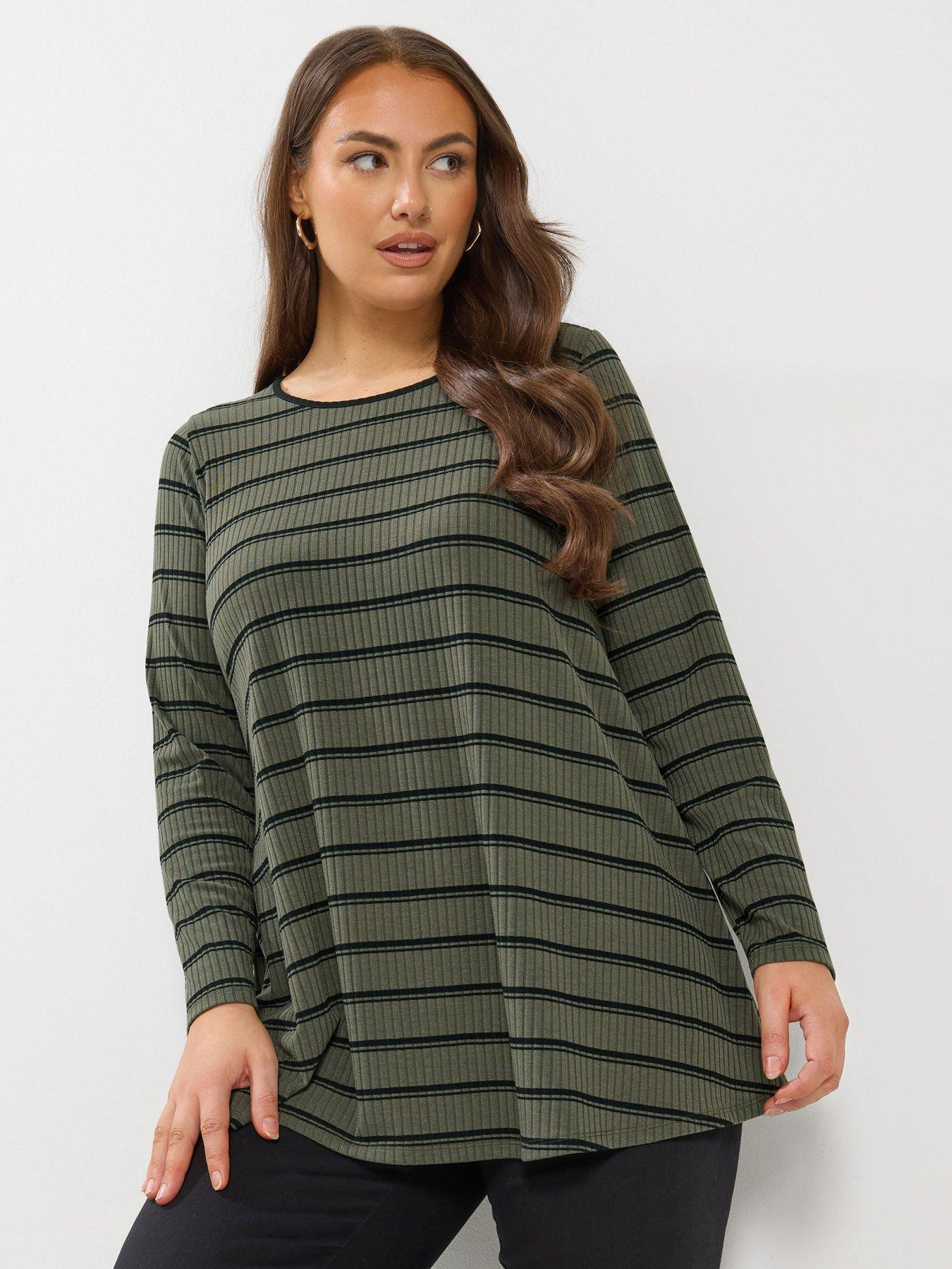 Yours Curve Long Sleeve Rib Swing T-Shirt - Green