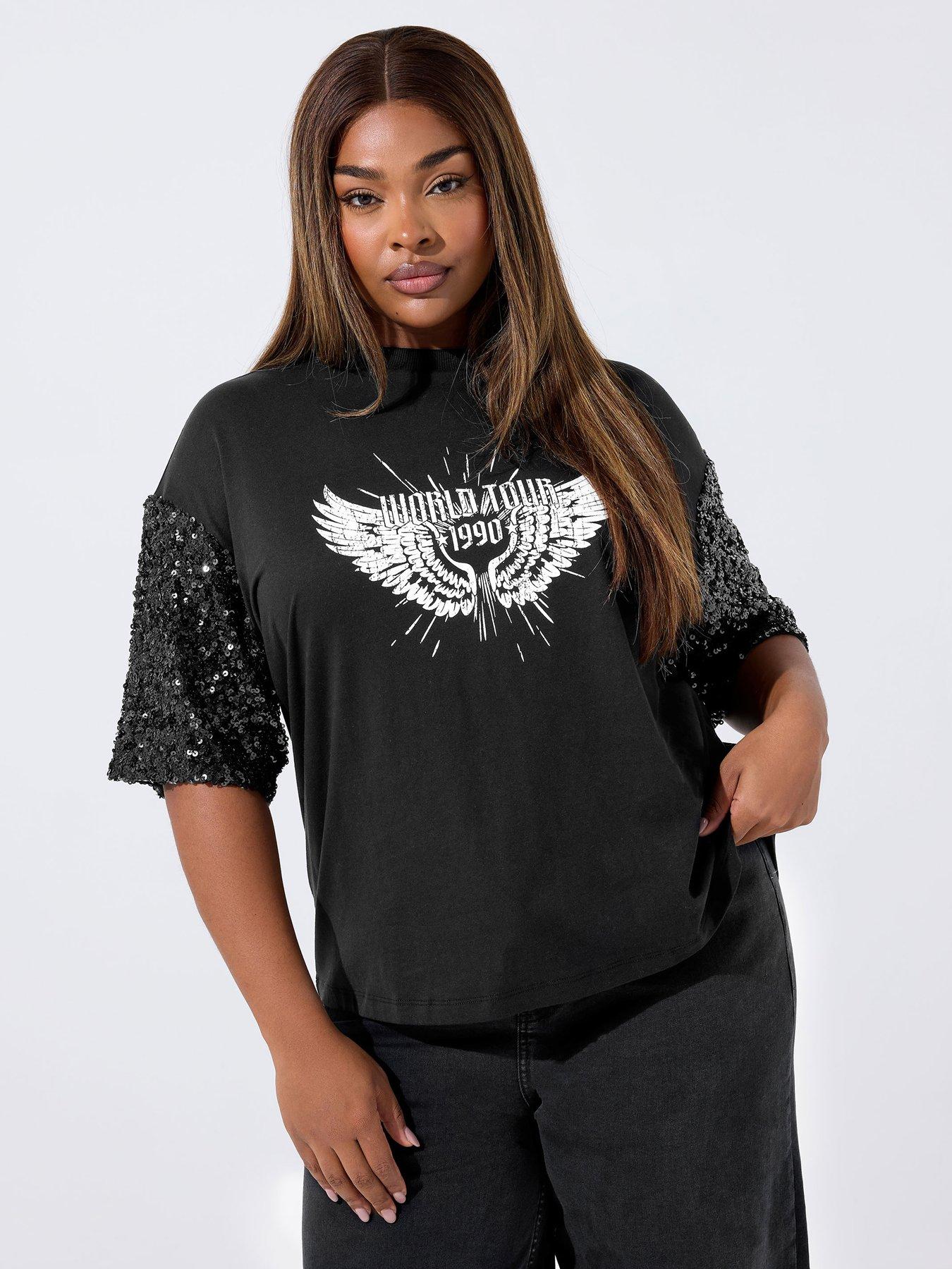 undefined Curve Sequin Sleeve Graphic T-shirt