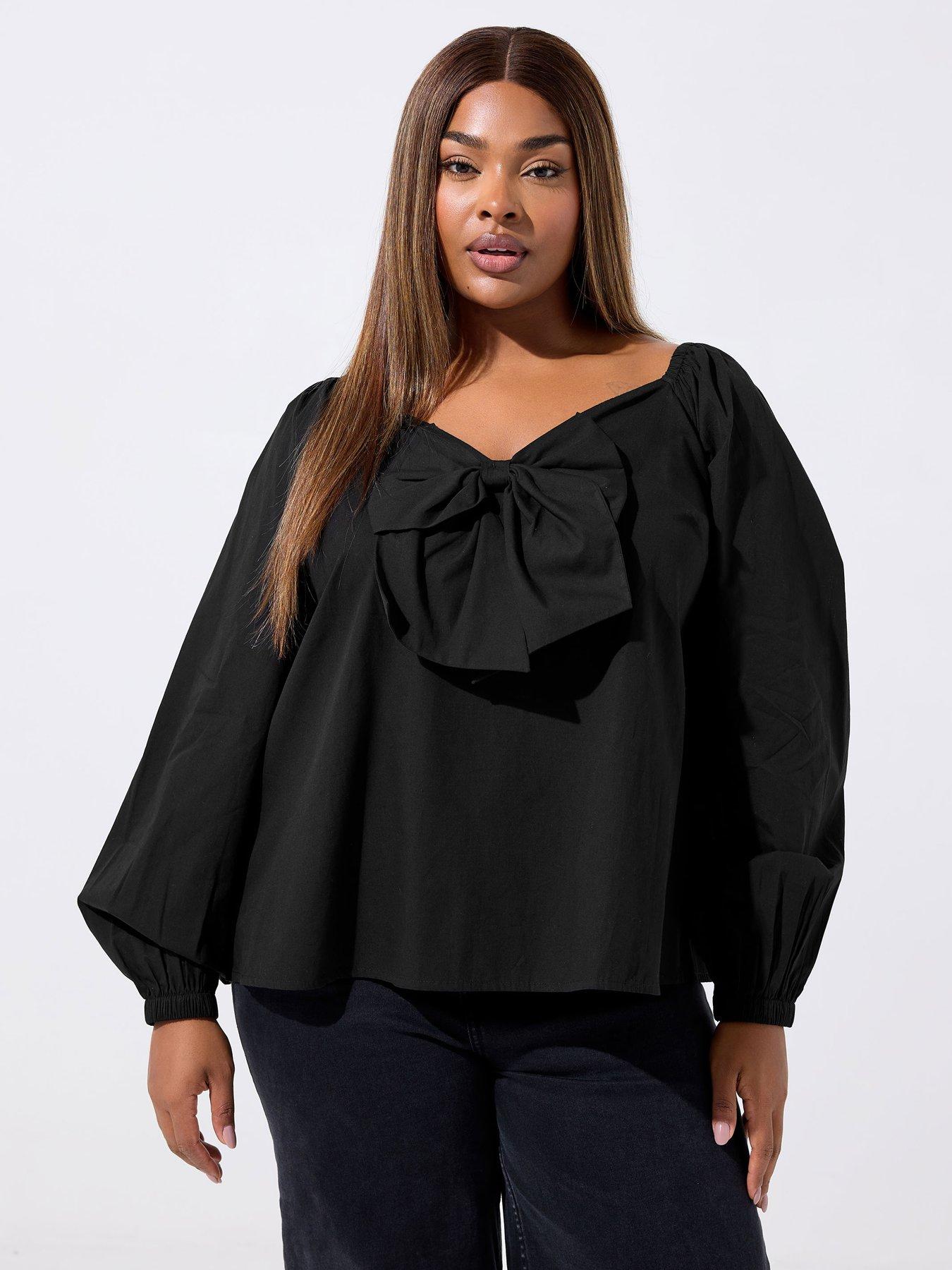 Yours Curve Poplin Bow Top - Black