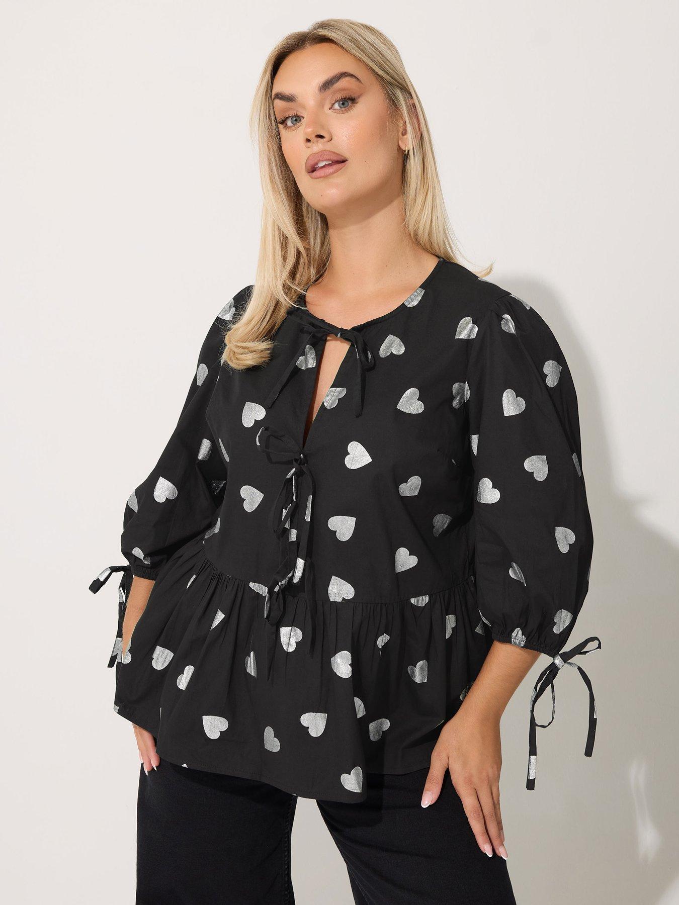 Yours Curve Metallic Heart Collar Top - Black