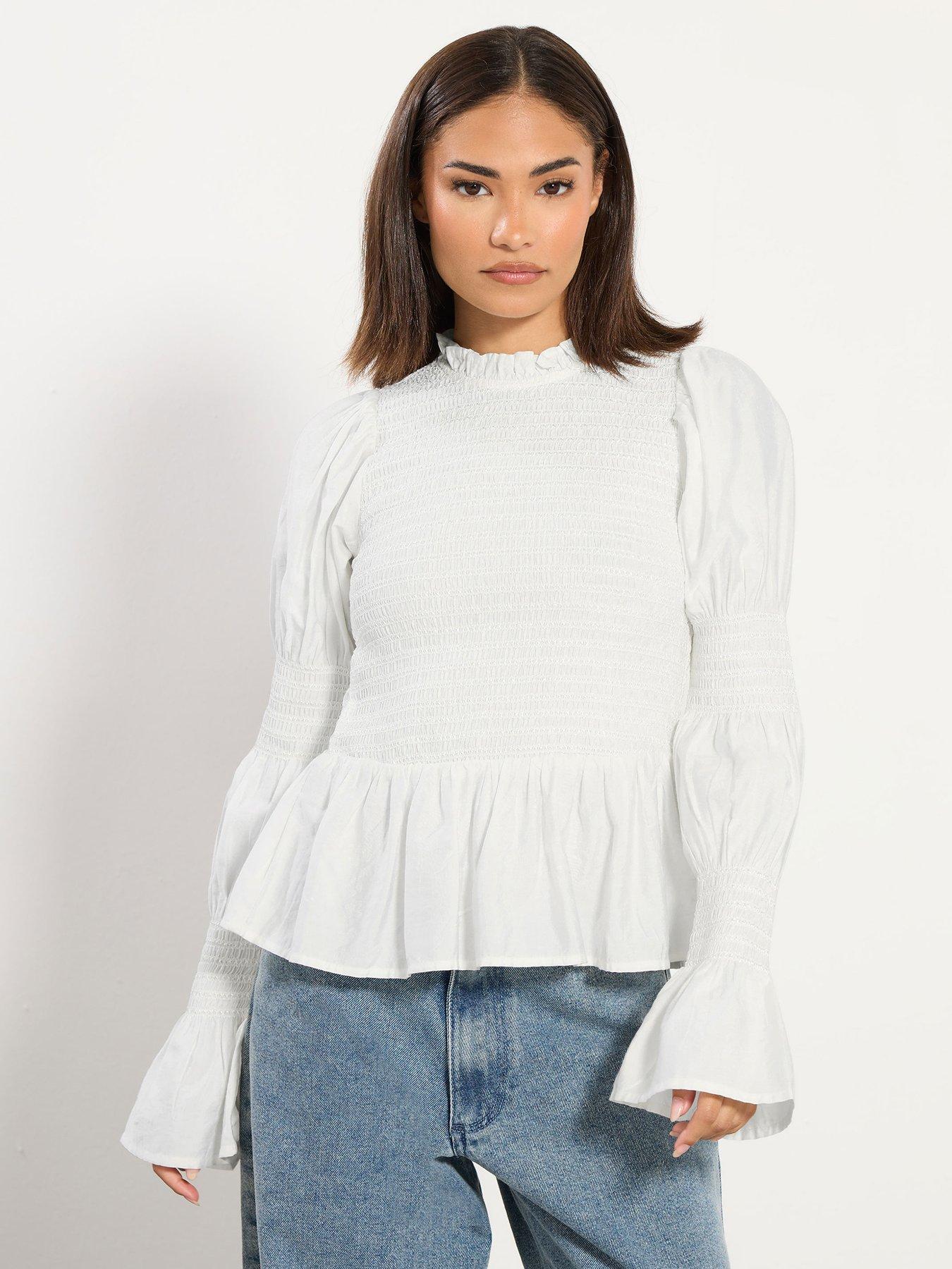 PixieGirl Petite Long Sleeve Shirred Top - Ivory