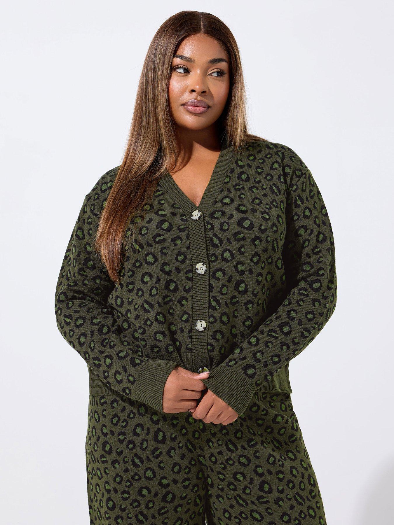 Yours Curve Leopard Knitted Cardigan - Green
