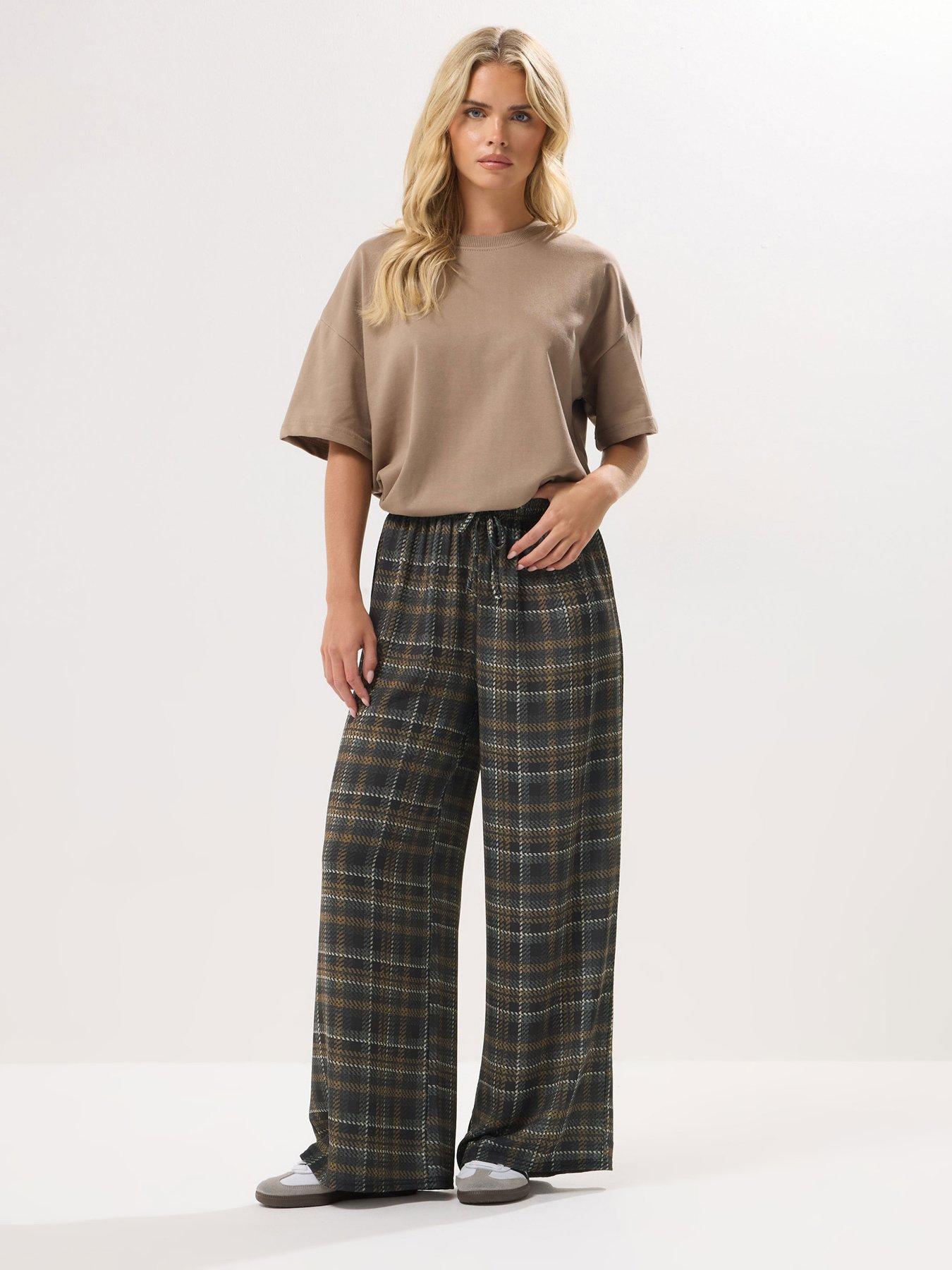 undefined Petite Check Crinkle Wide Leg Trouser - Brown