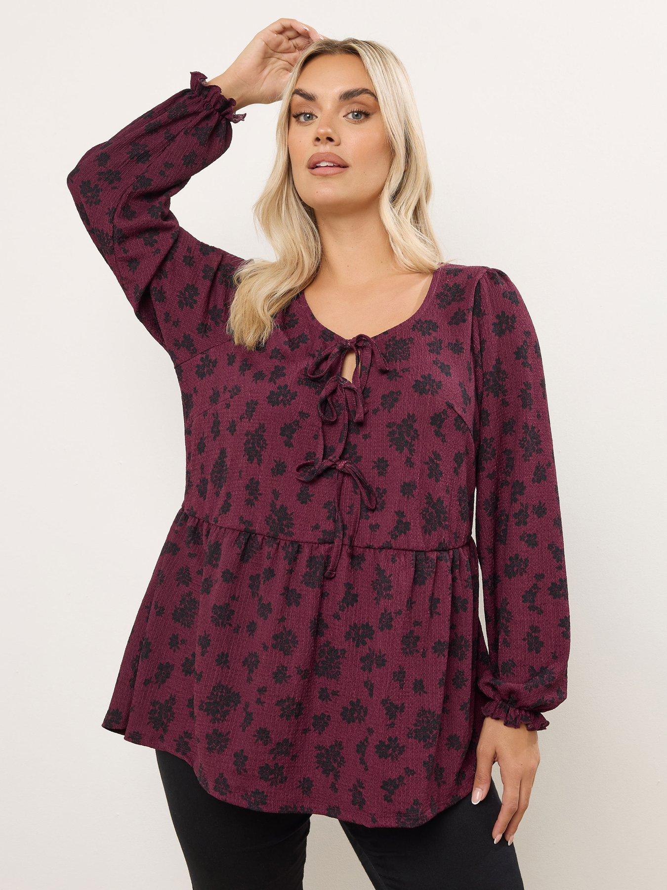 Image 1 of 4 of Yours Curve Long Sleeve Peplum Bow Top - Red