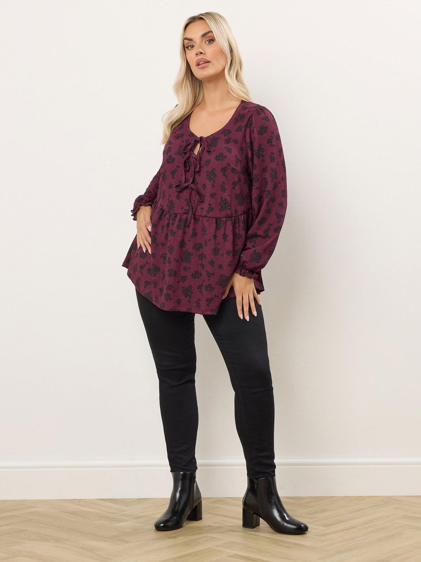 Image 3 of 4 of Yours Curve Long Sleeve Peplum Bow Top - Red