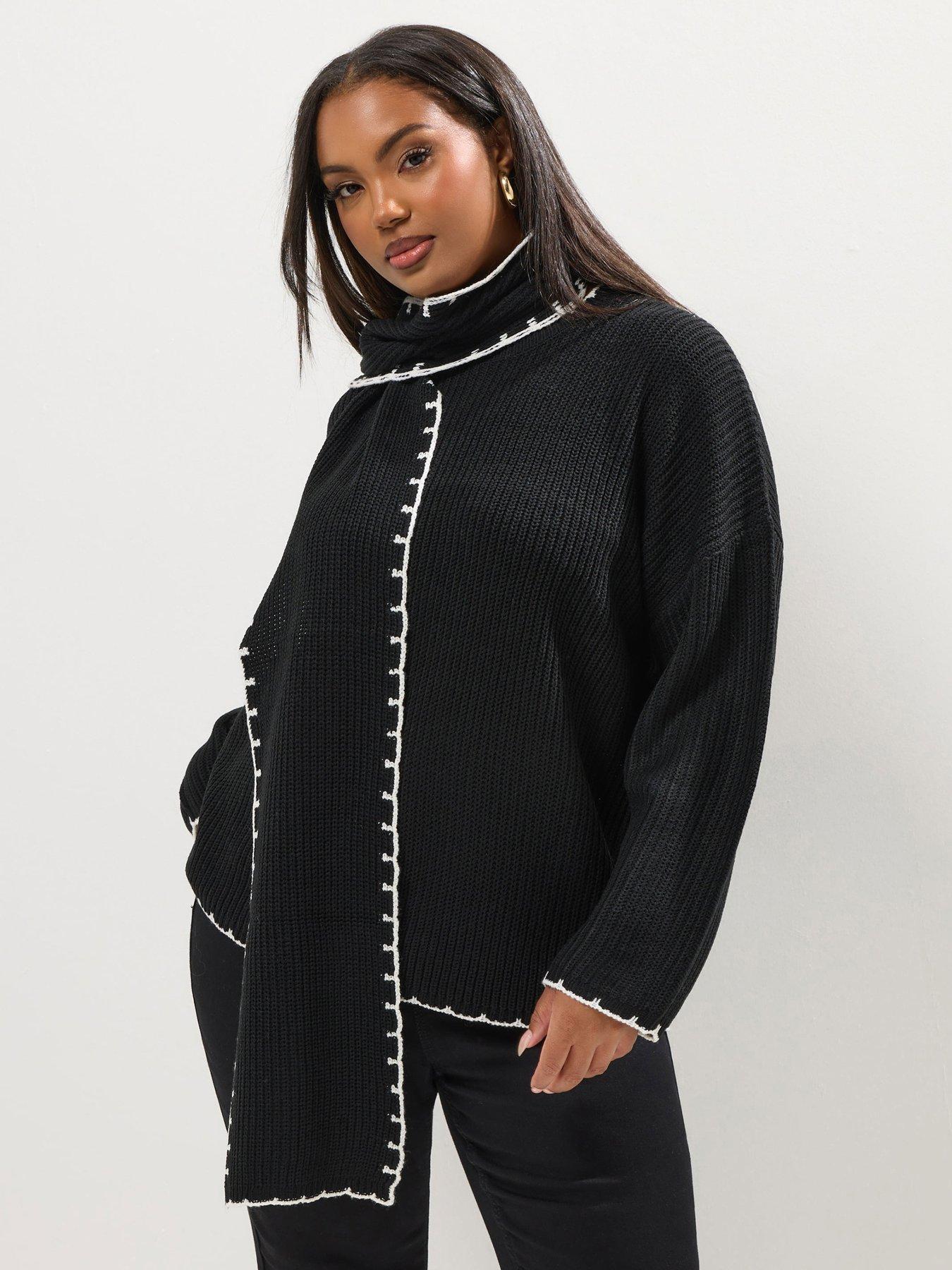 Yours Curve Blanket Stitch Jumper With Scarf - Black