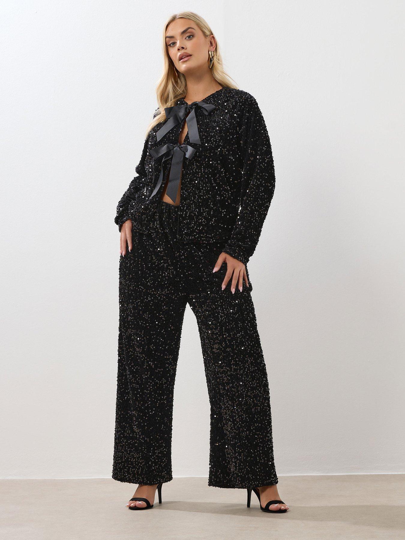 undefined Curve Sequin Wide Leg Trouser - Black