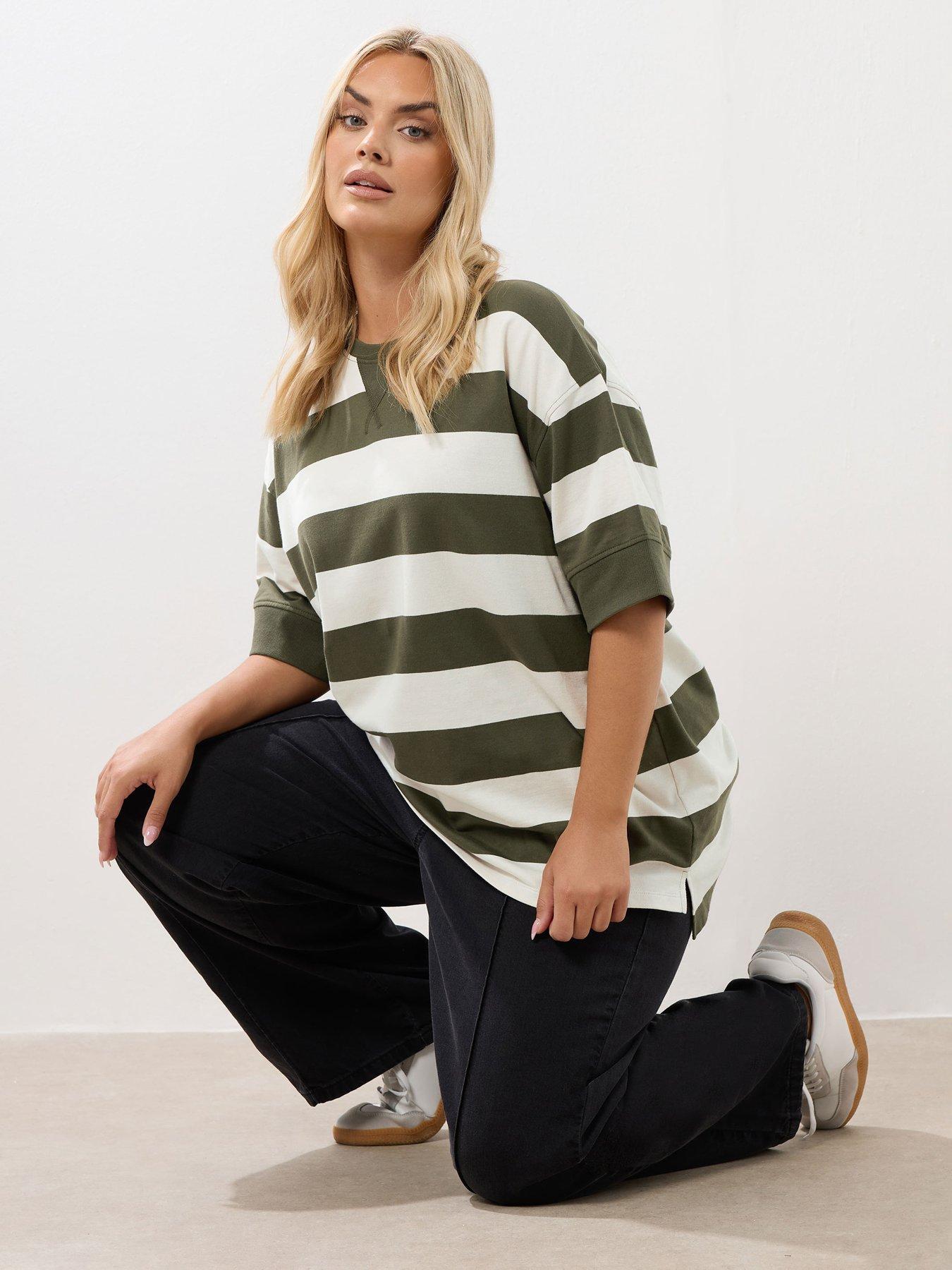 Yours Curve Ribbed Stripe T-Shirt - Green