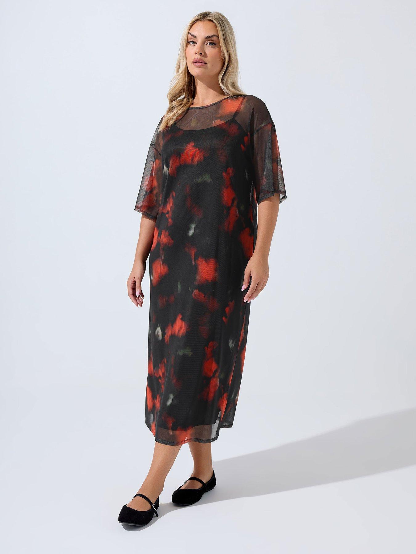 Yours Curve Mesh Floral Blur Dress - Black