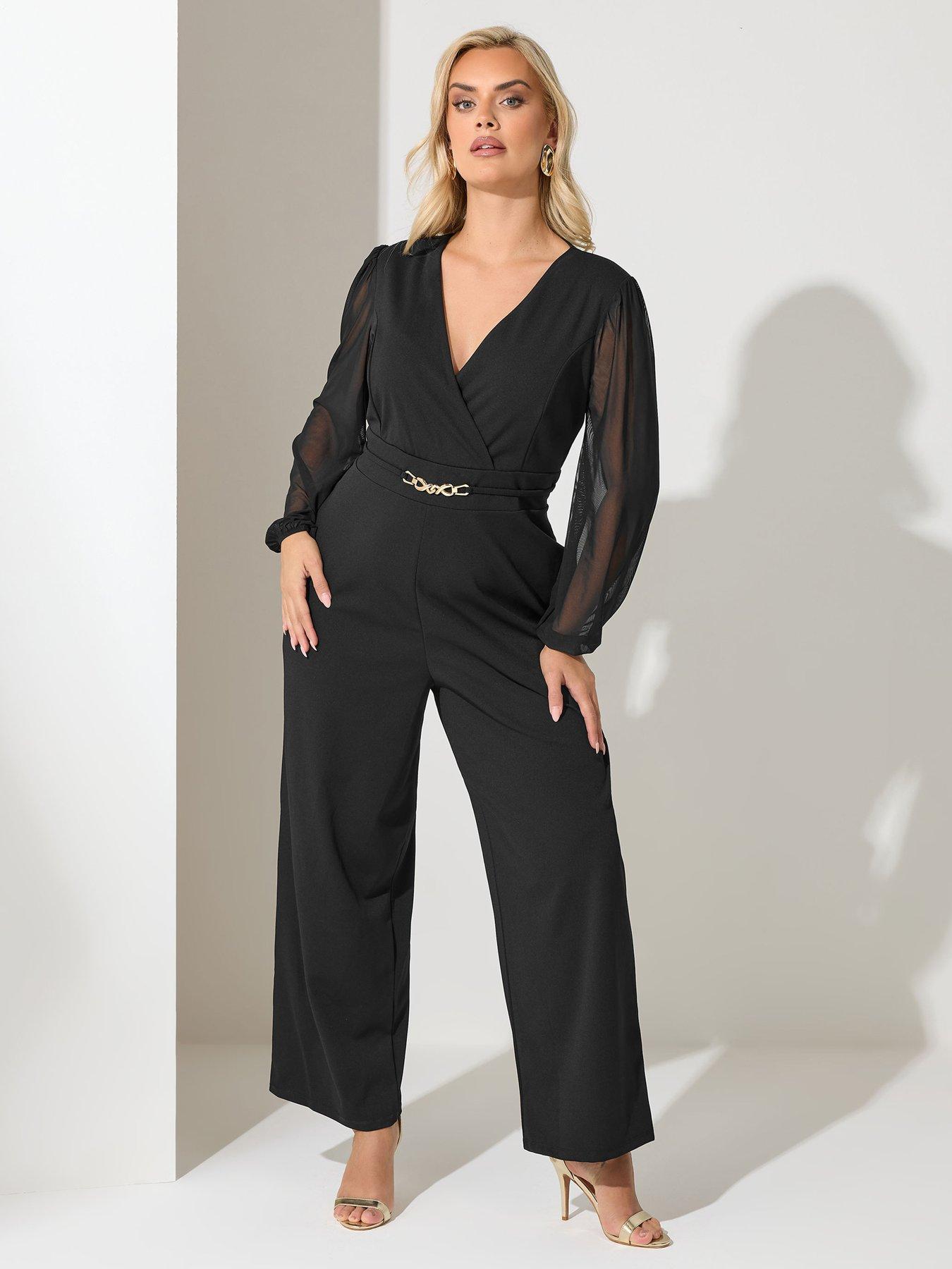 Yours Curve Mesh Sleeve Buckle Jumpsuit - Black