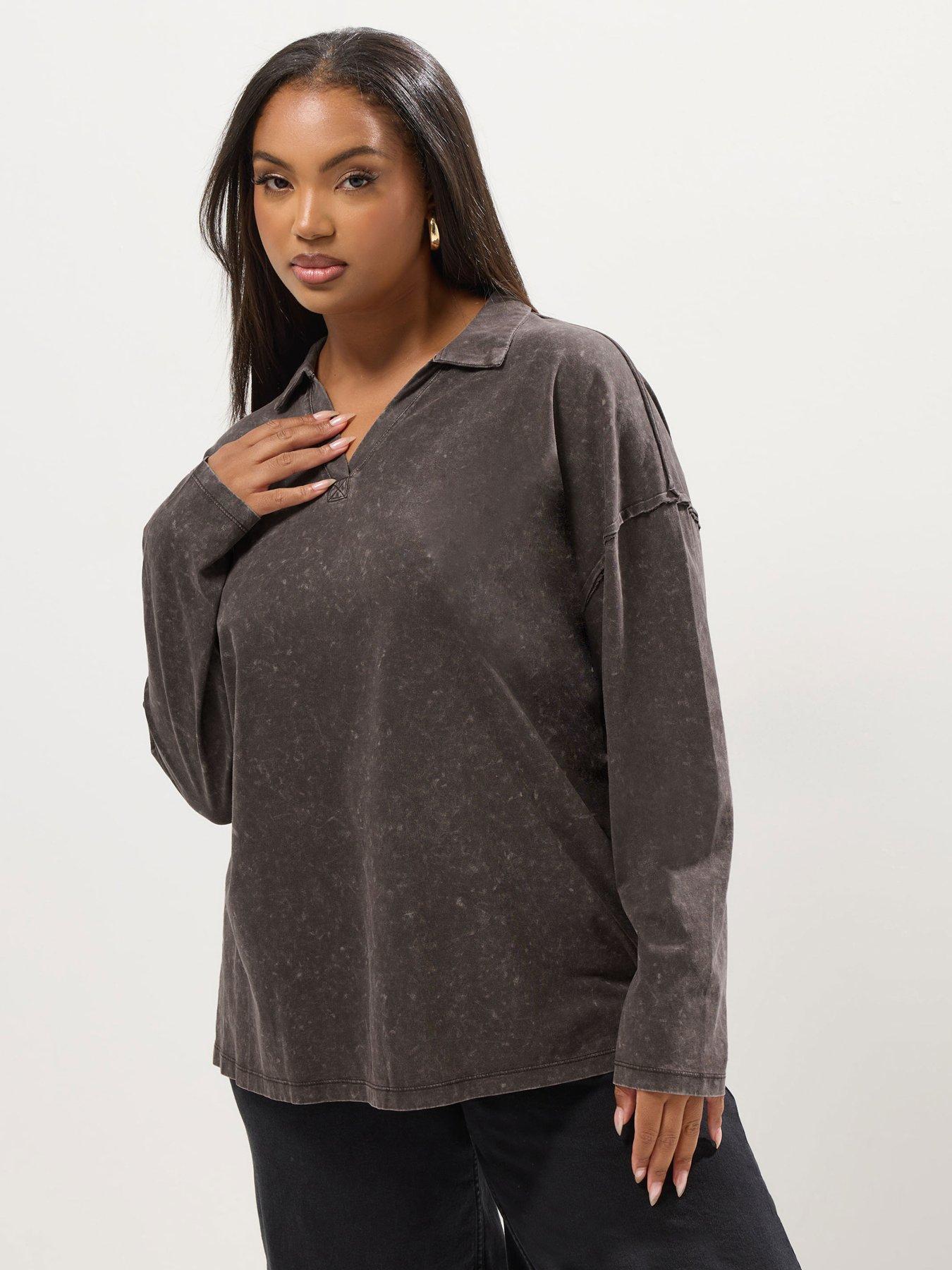undefined Curve Acid Wash Rugby Collar Top - Brown
