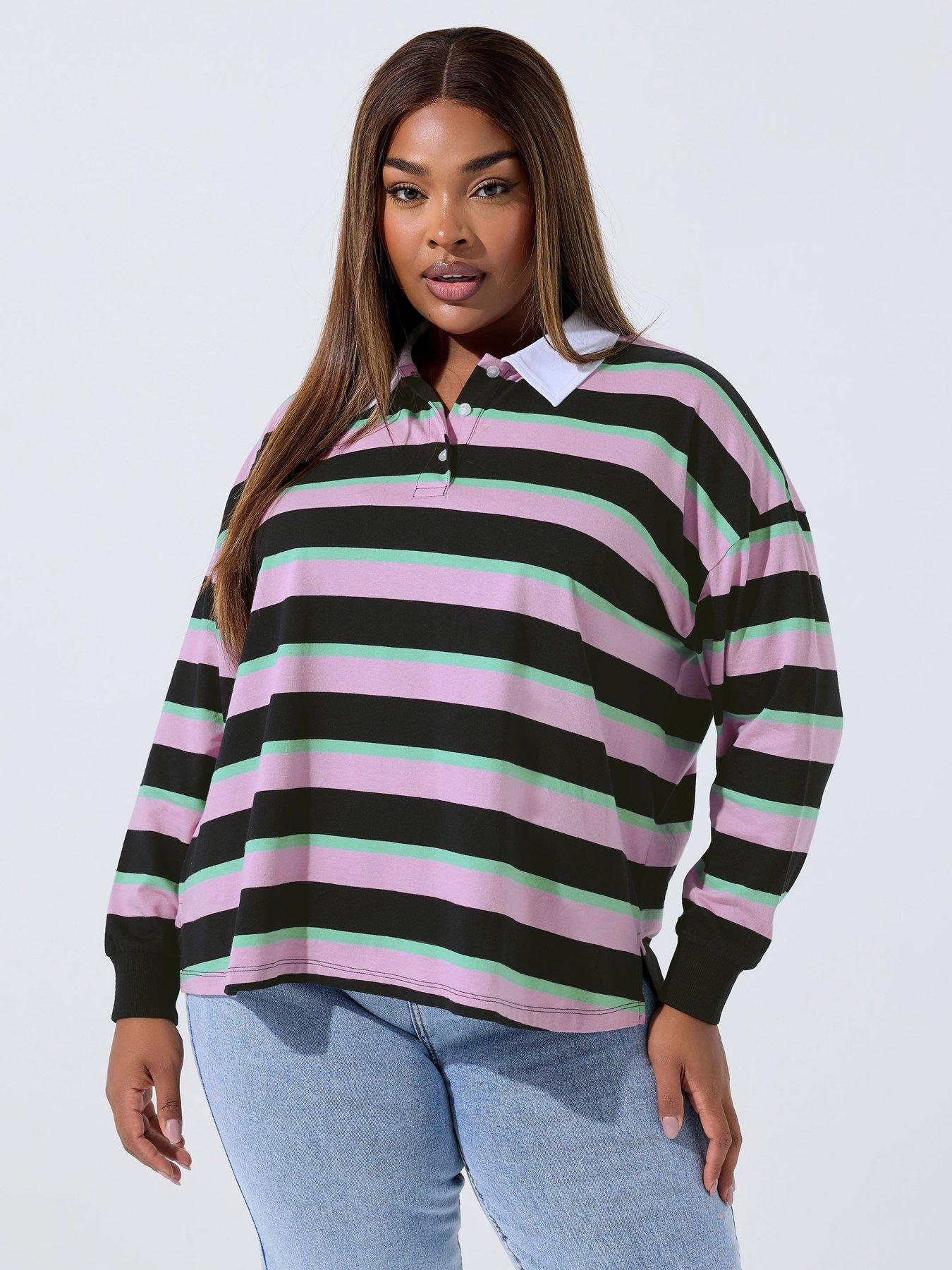 undefined Curve Stripe Rugby Collar Top - Black