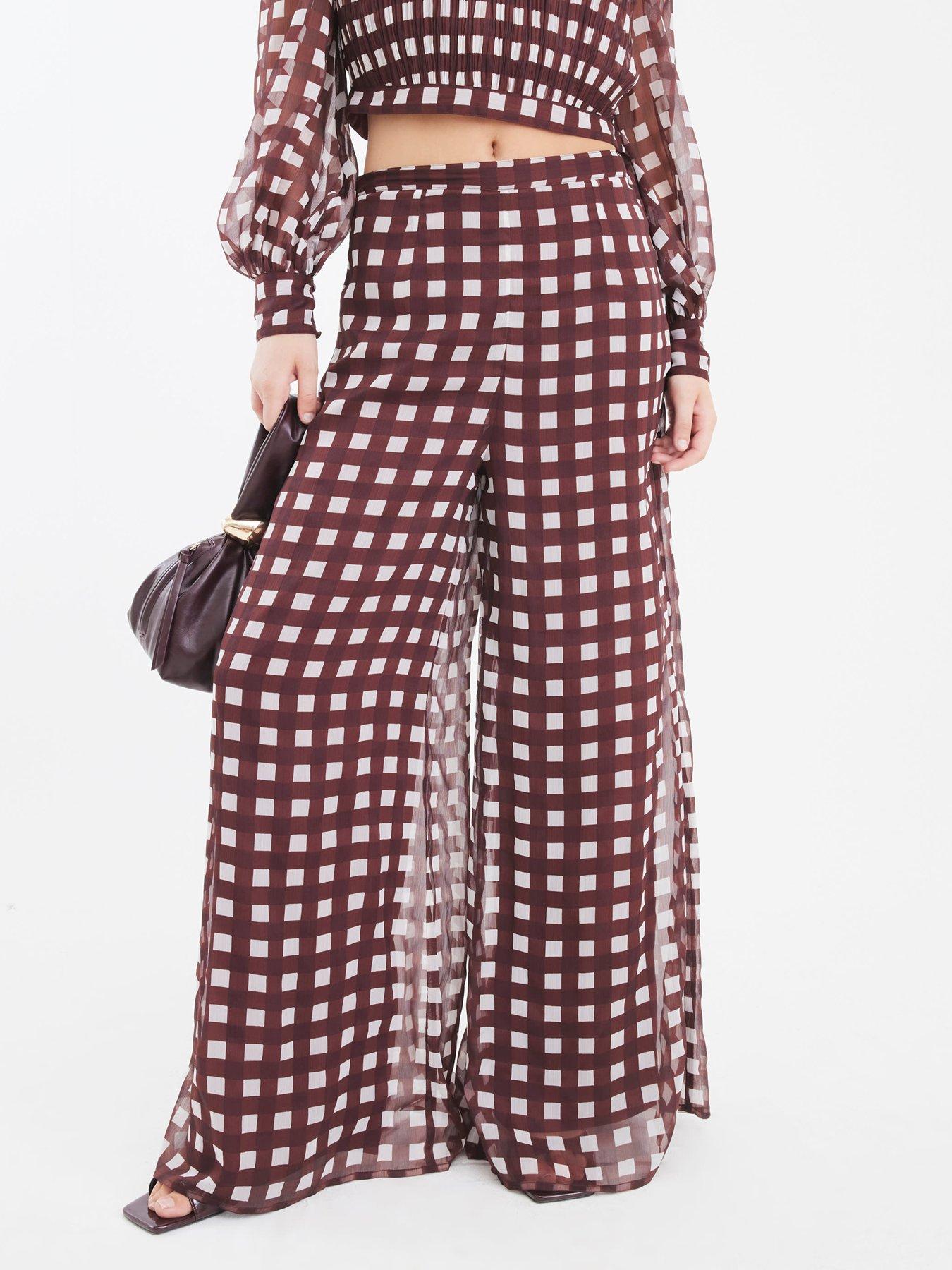undefined Gingham Wide Leg Trouser - Brown