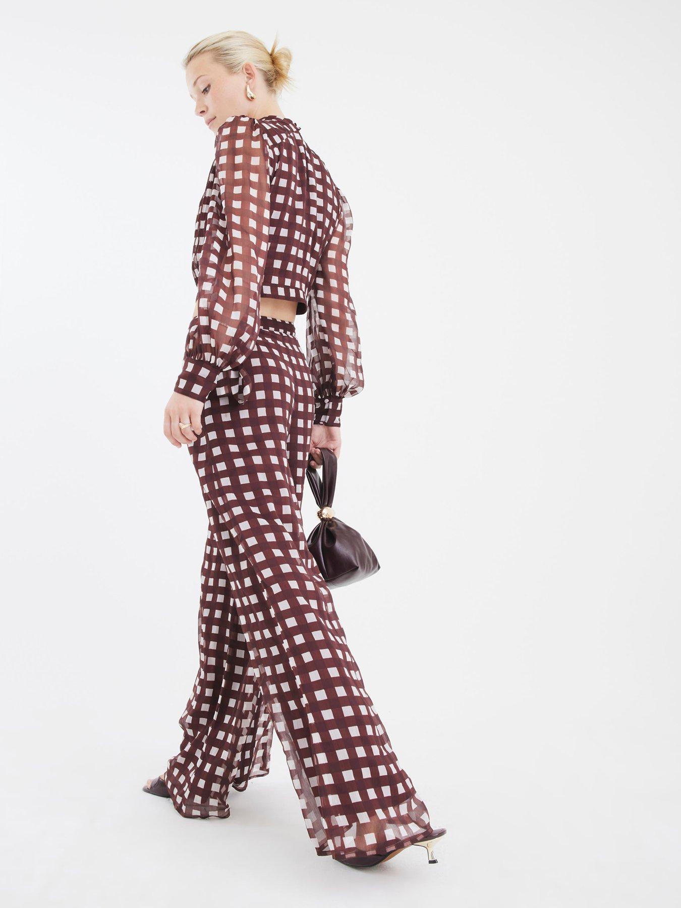 Image 2 of 4 of River Island Gingham Wide Leg Trouser - Brown