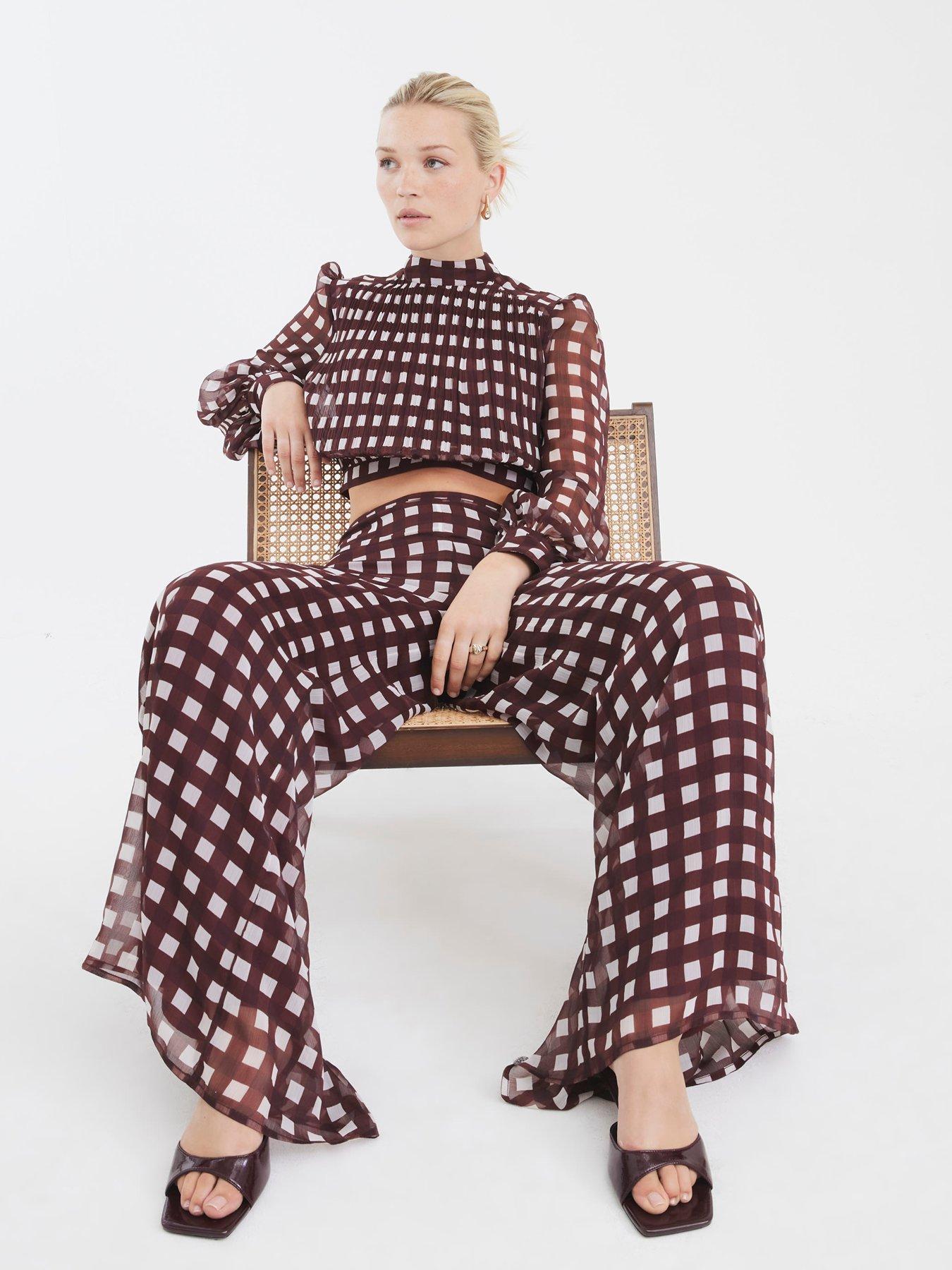 Image 4 of 4 of River Island Gingham Wide Leg Trouser - Brown