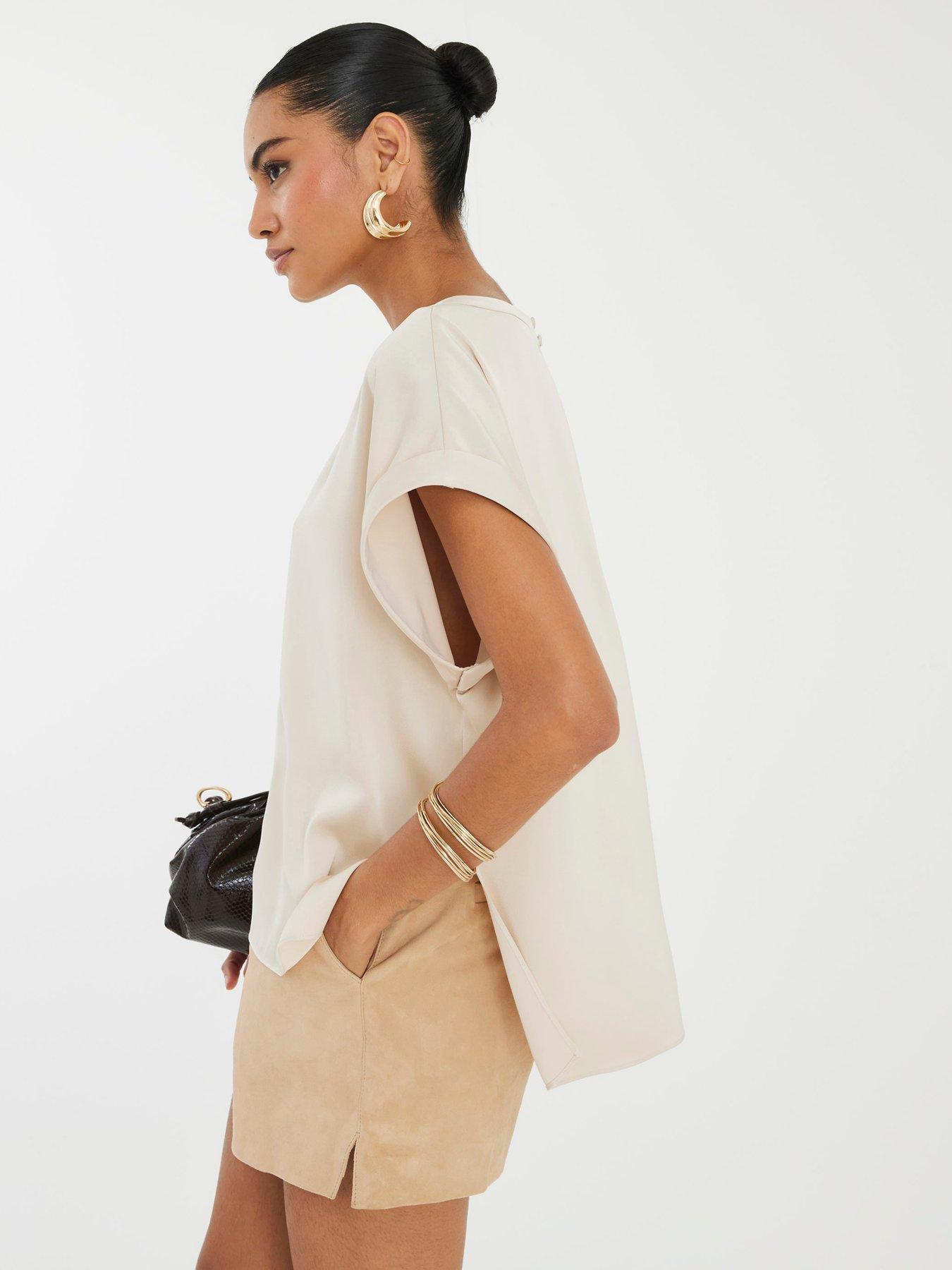 undefined Short Sleeve Satin Turn Back Cuff Tee - Beige