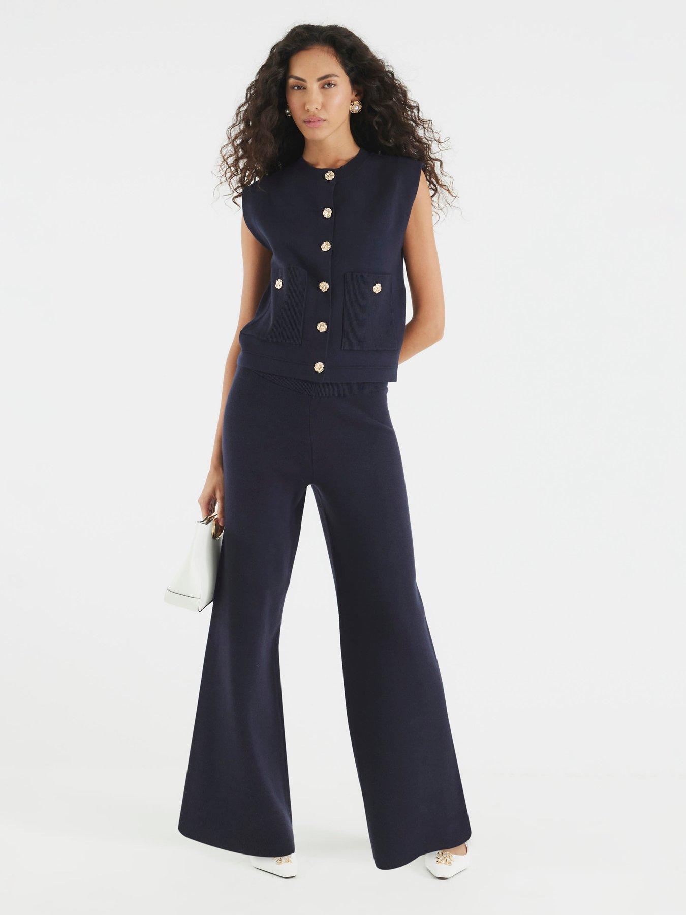 undefined Wide Leg Knitted Trouser - Navy