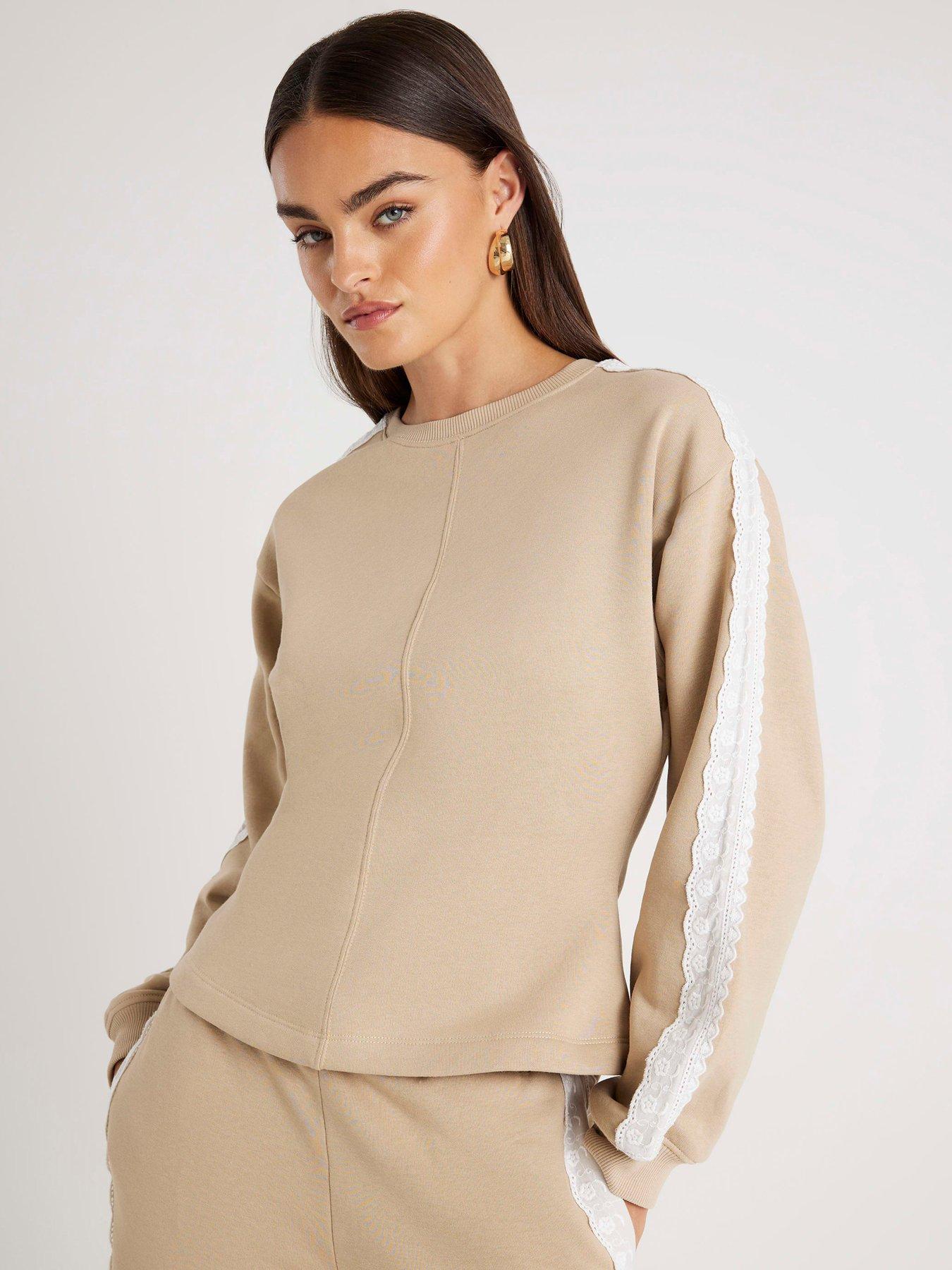 River Island Lace Trim Cinched Waist Sweatshirt - Beige