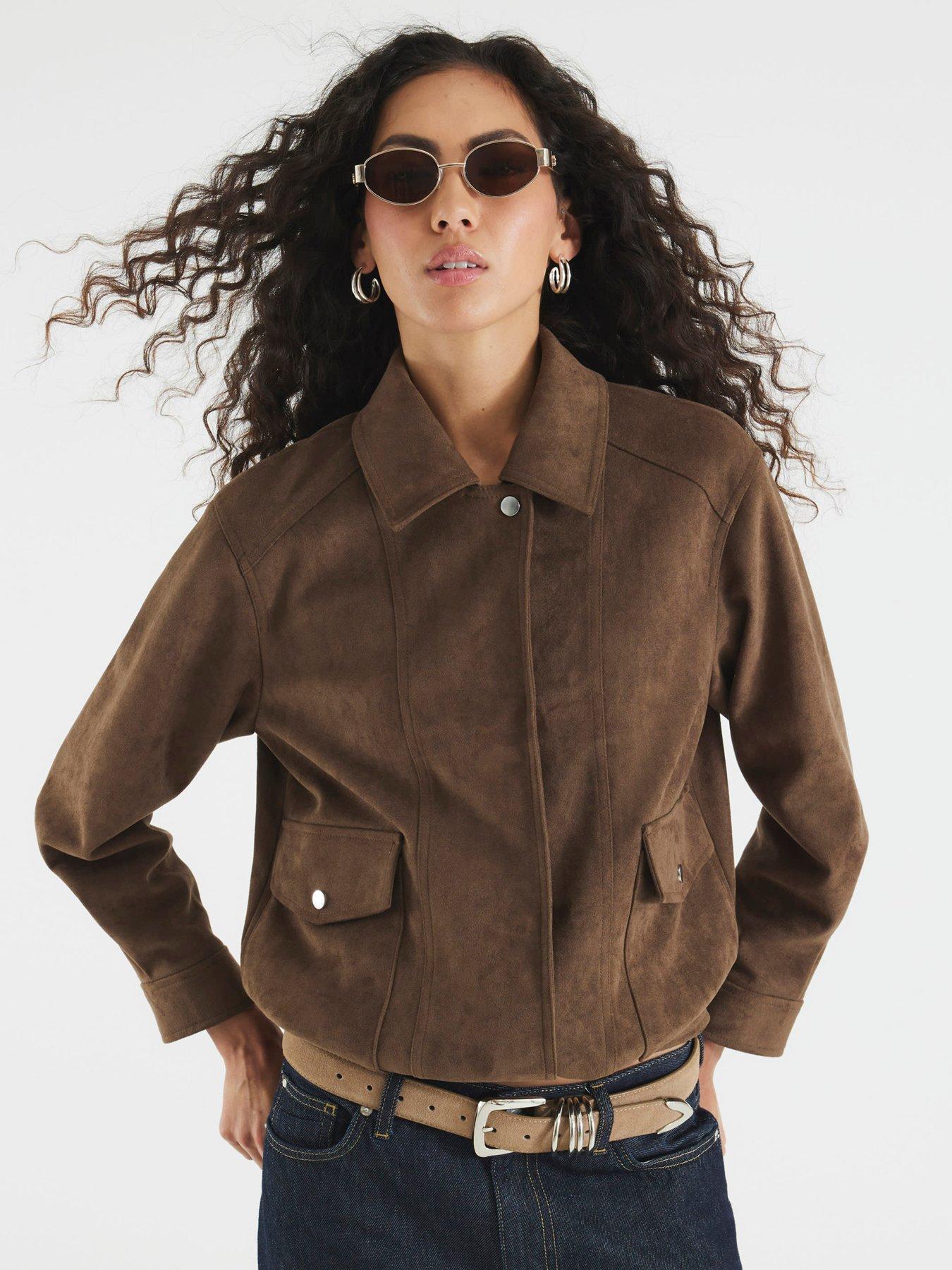 Image 1 of 4 of River Island Suedette Relaxed Jacket - Brown