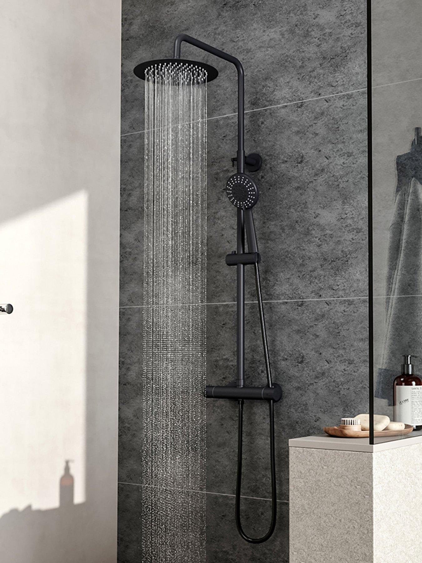 Living and Home Black Round Wall-mount Handheld Head And Rainfall Shower Head And Brass Bathroom Thermostatic Shower Set