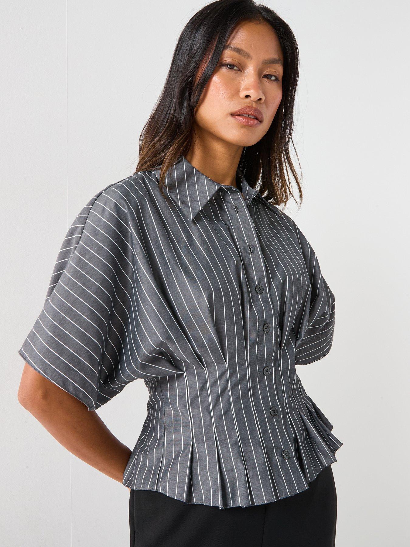 undefined Pinstripe Pleated Detail Cinched Waist Shirt - Grey