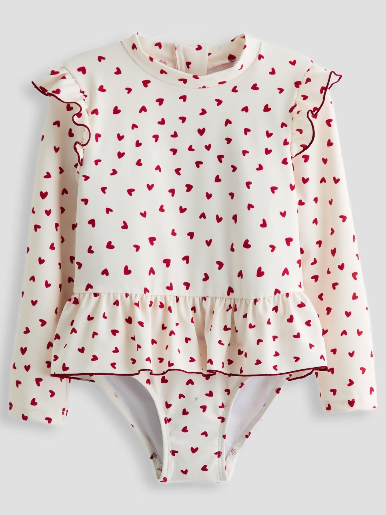 The Very Collection Toddler Girl Long Sleeve Heart Print Frill Swimsuit - Cream