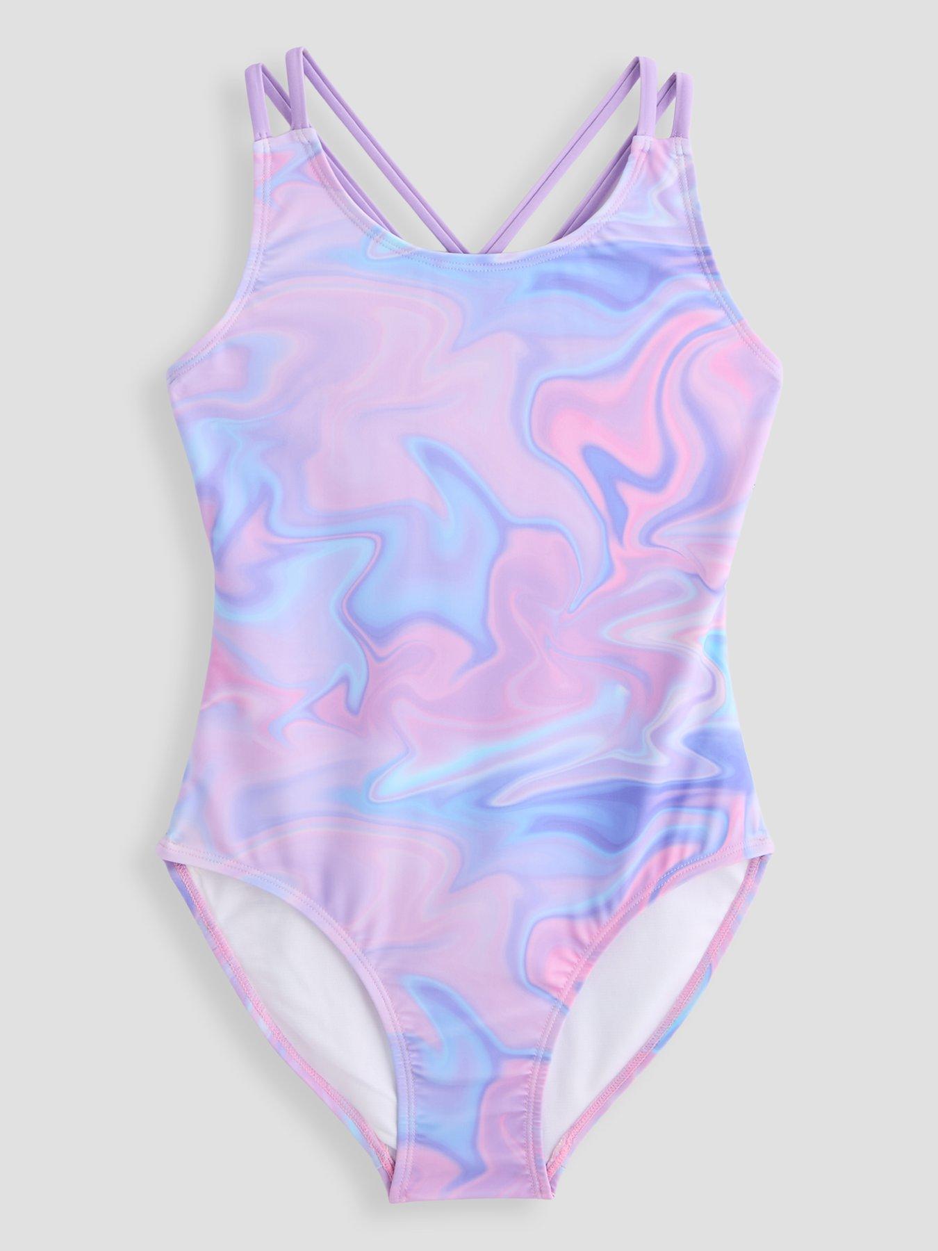 The Very Collection Girls Cross Back Marble Print Swimsuit - Pink