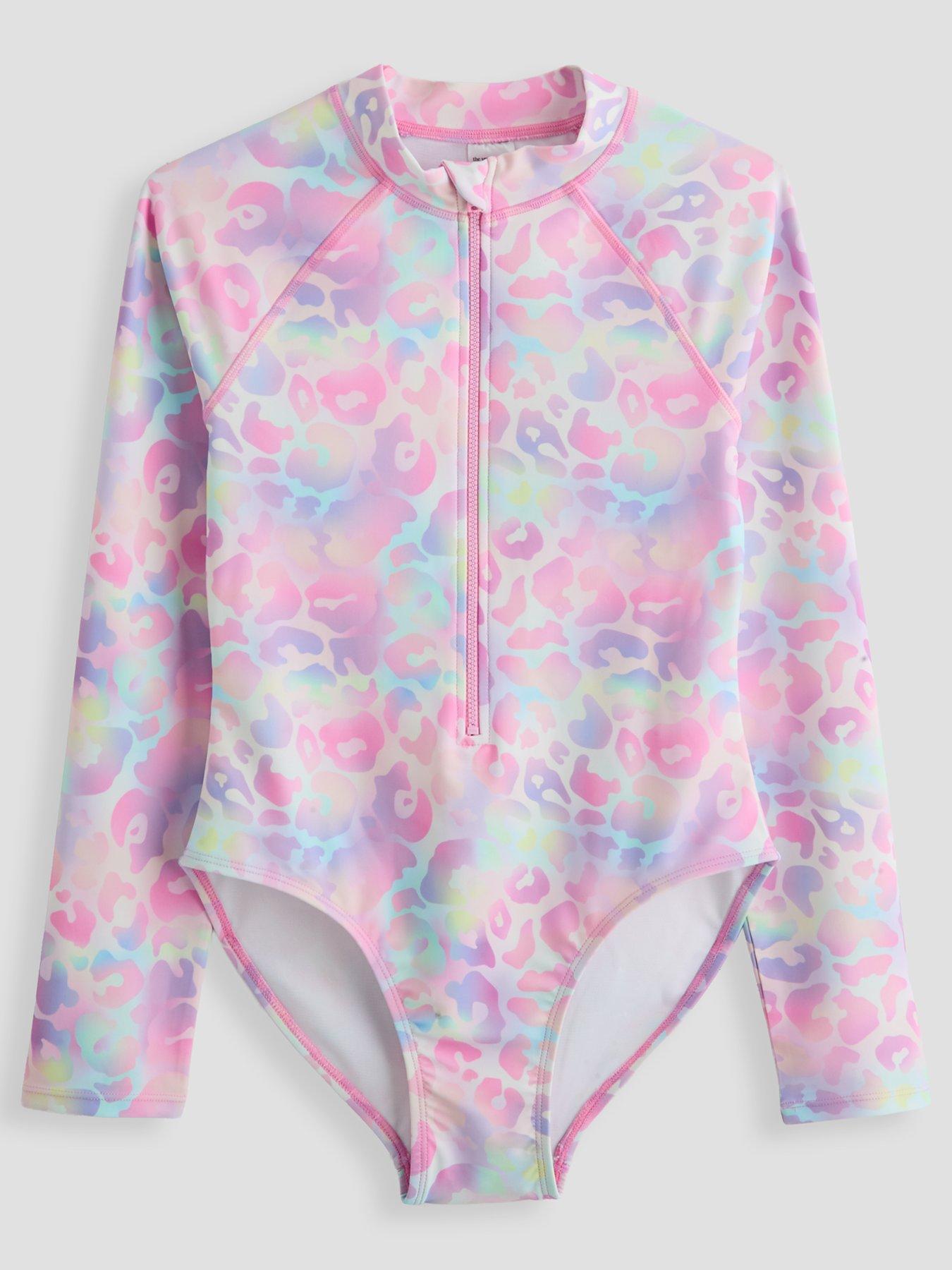 The Very Collection Girls Pastel Leopard Zip Up Long Sleeve Swim - Pink