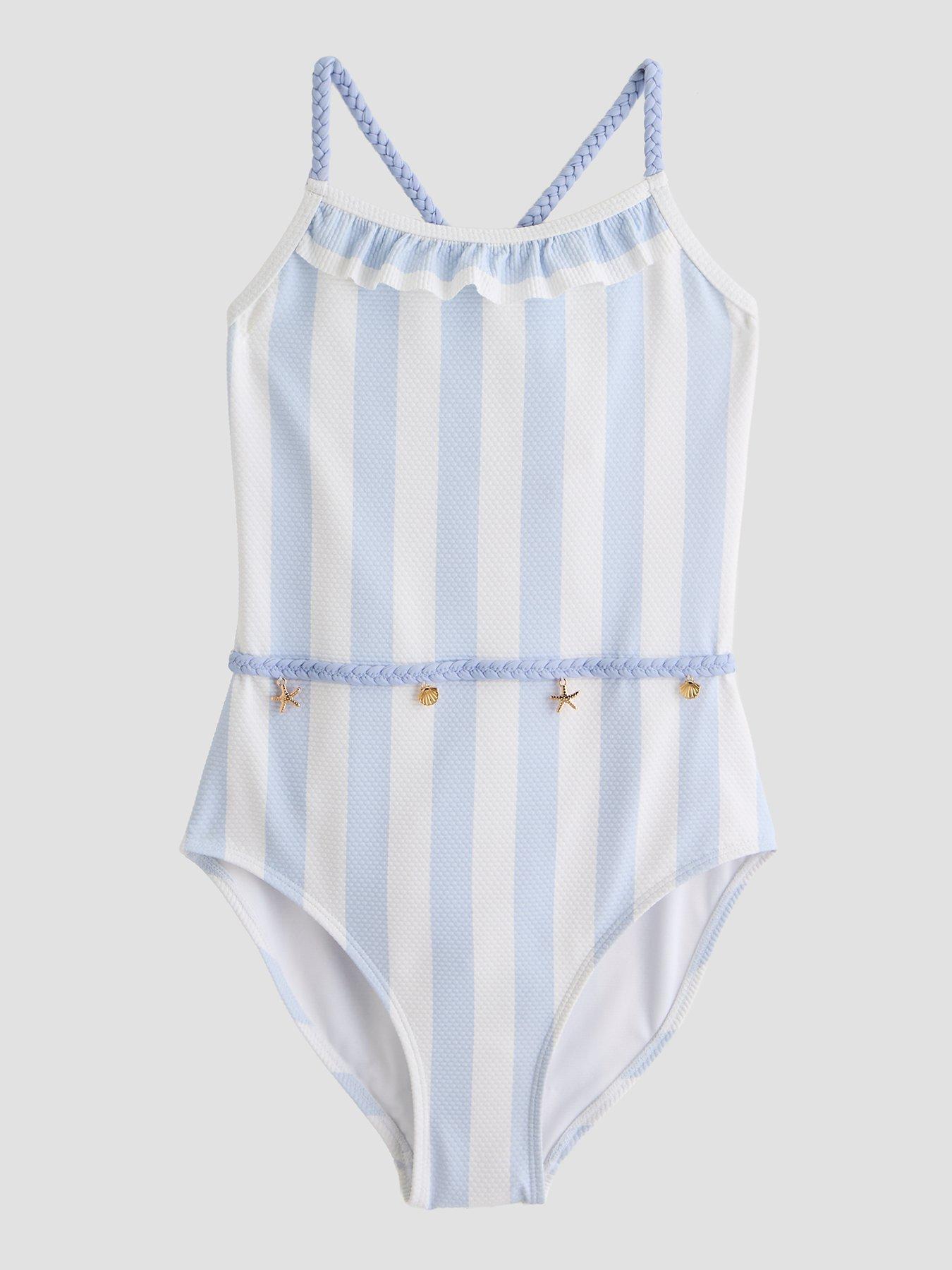 The Very Collection Girls Stripe Frill Swim Costume - Blue