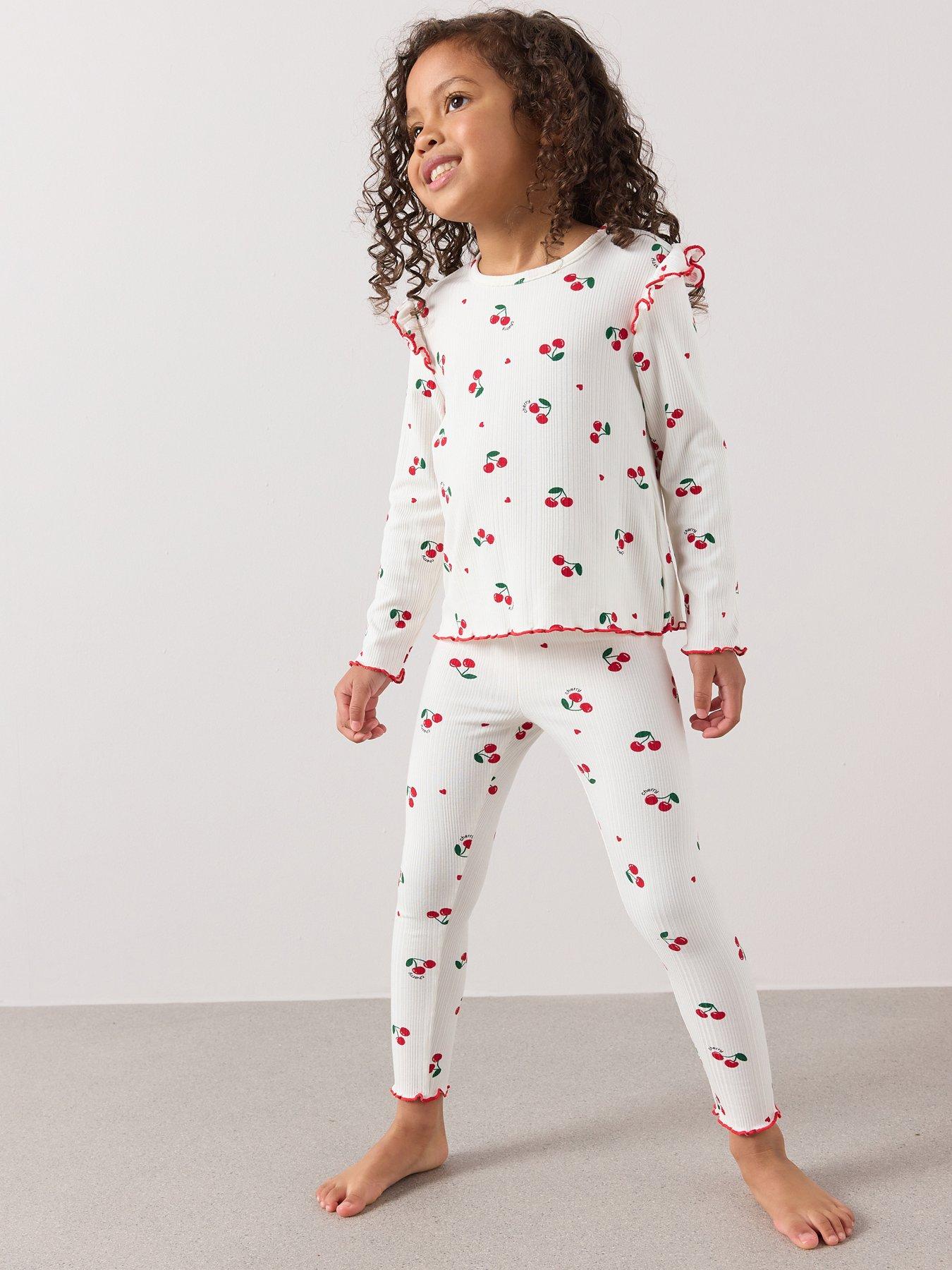 The Very Collection Girls Rib Cherry Heart Print Pyjama Set - Cream
