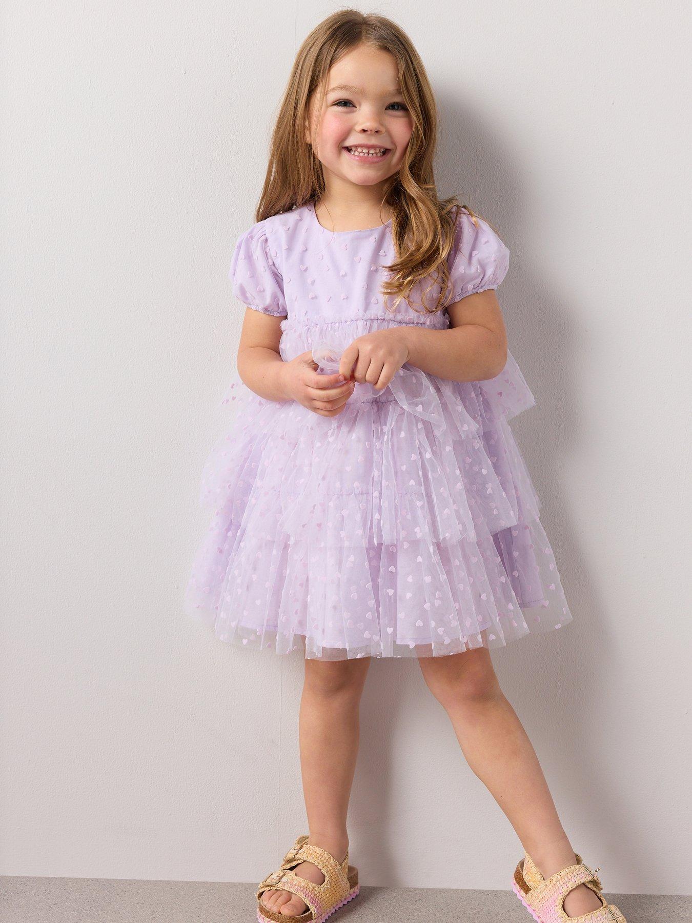 The Very Collection Girls Tiered Foil Heart Print Dress - Lilac