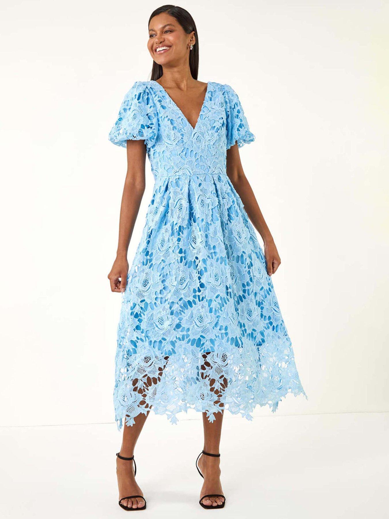 Roman Premium Crochet Lace Midi Dress - Blue