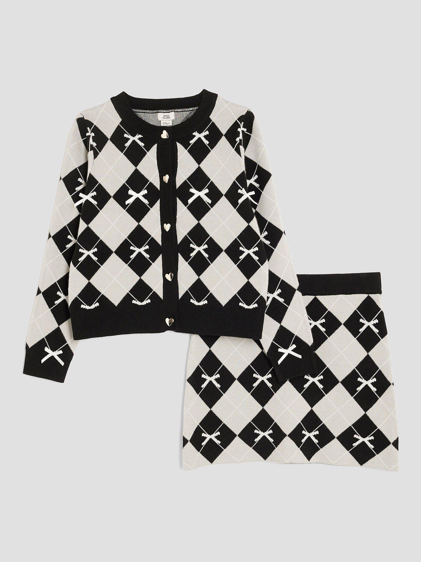 River Island Older Girls Argyle Print Bow Cardigan Set - Black