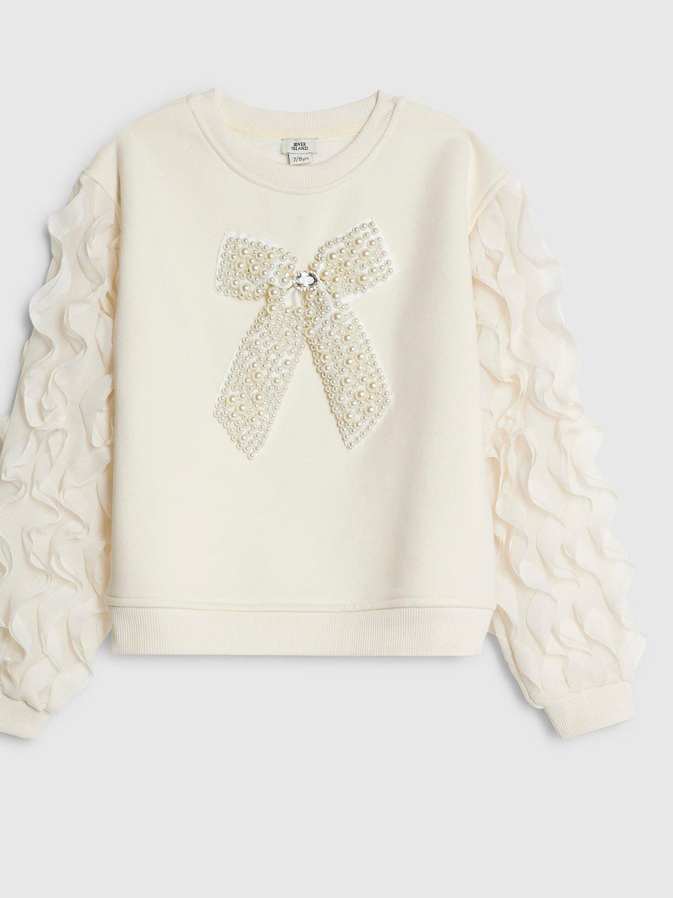 River Island Older Girls Bow Ruffle Sleeve Sweatshirt - Cream