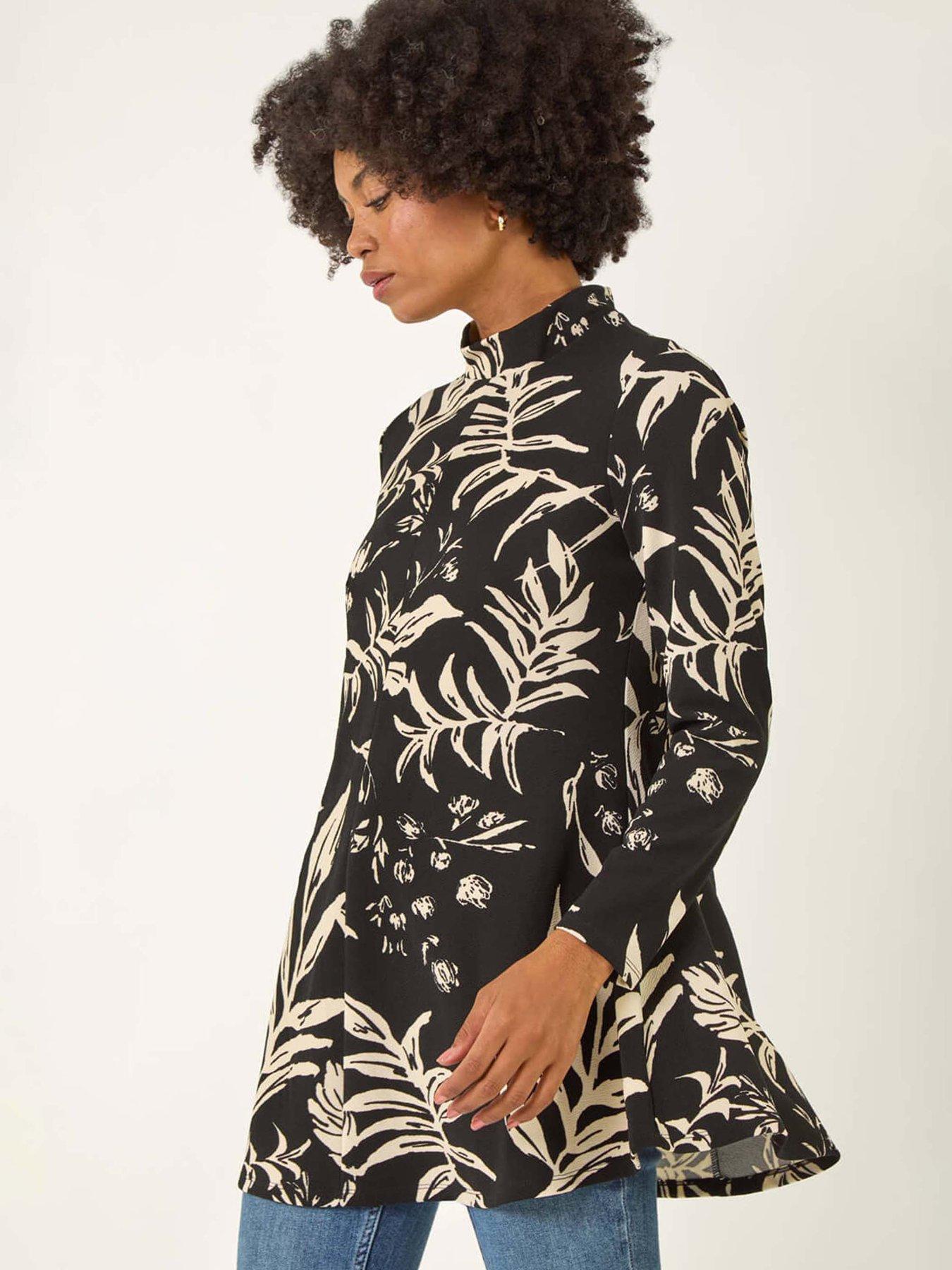 Roman Floral High Neck Swing Top - Black