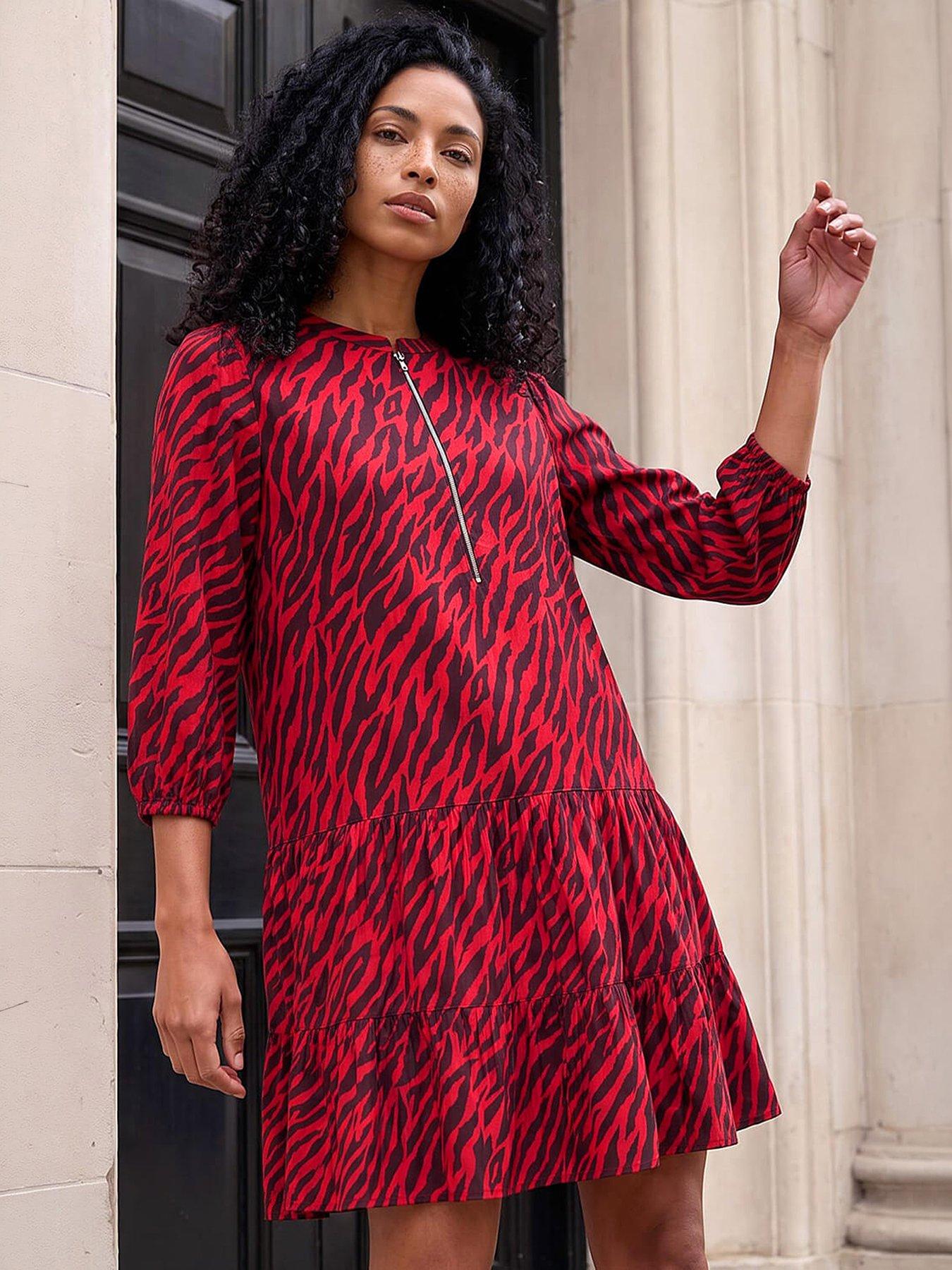 Roman Animal Print Zip Front Dress - Red