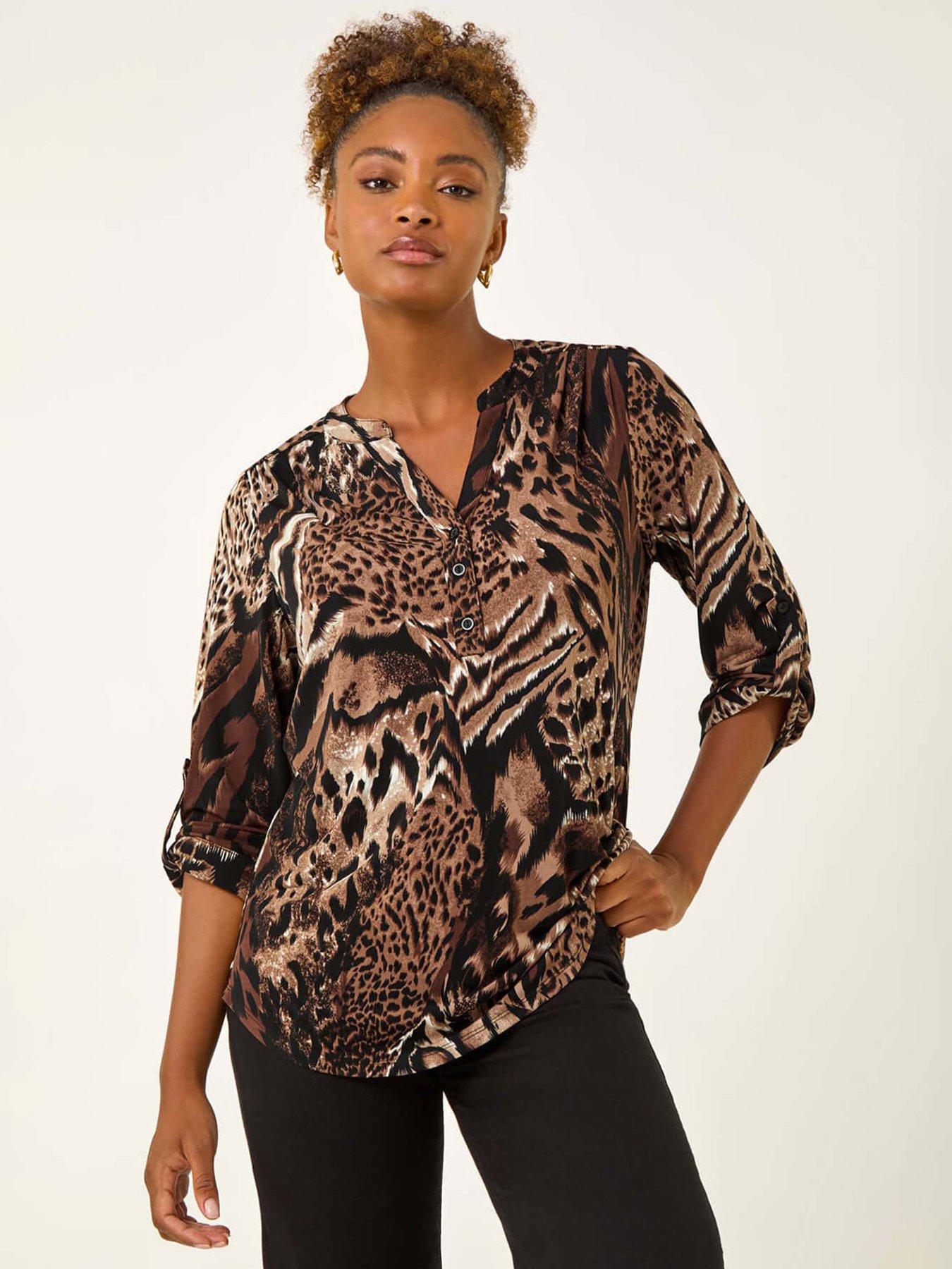undefined Animal Puff Print Stretch Top - Brown