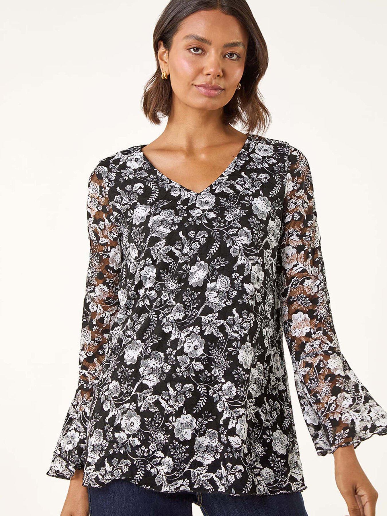 Roman Floral Print V-neck Top - Black