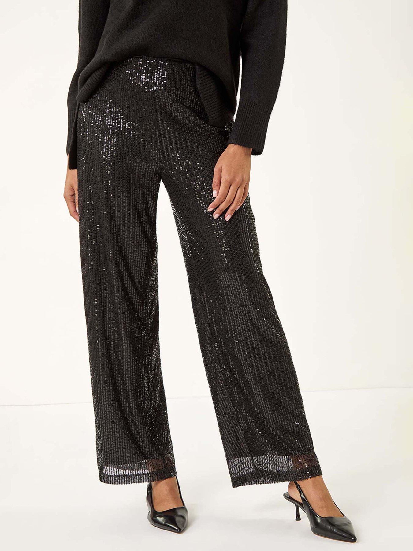 Roman Sequin Wide Leg Trousers - Black