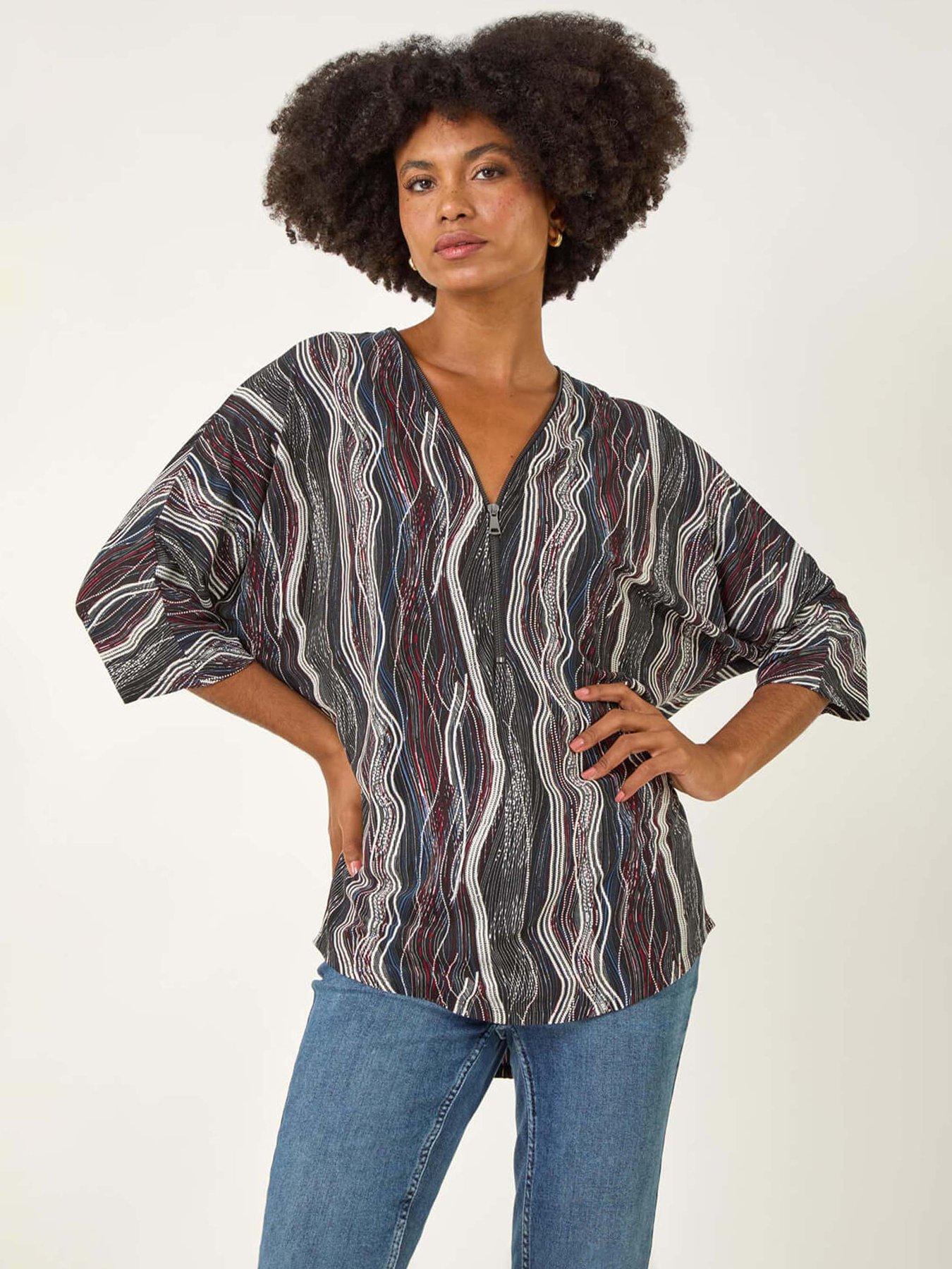 undefined Abstract Print Zip Front Stretch Top - Black