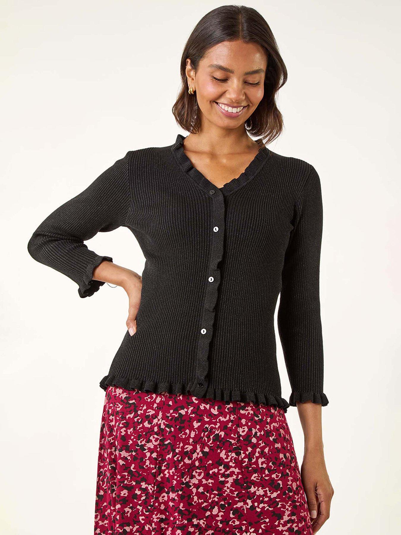 Roman V-neck Ruffle Knit Top - Black