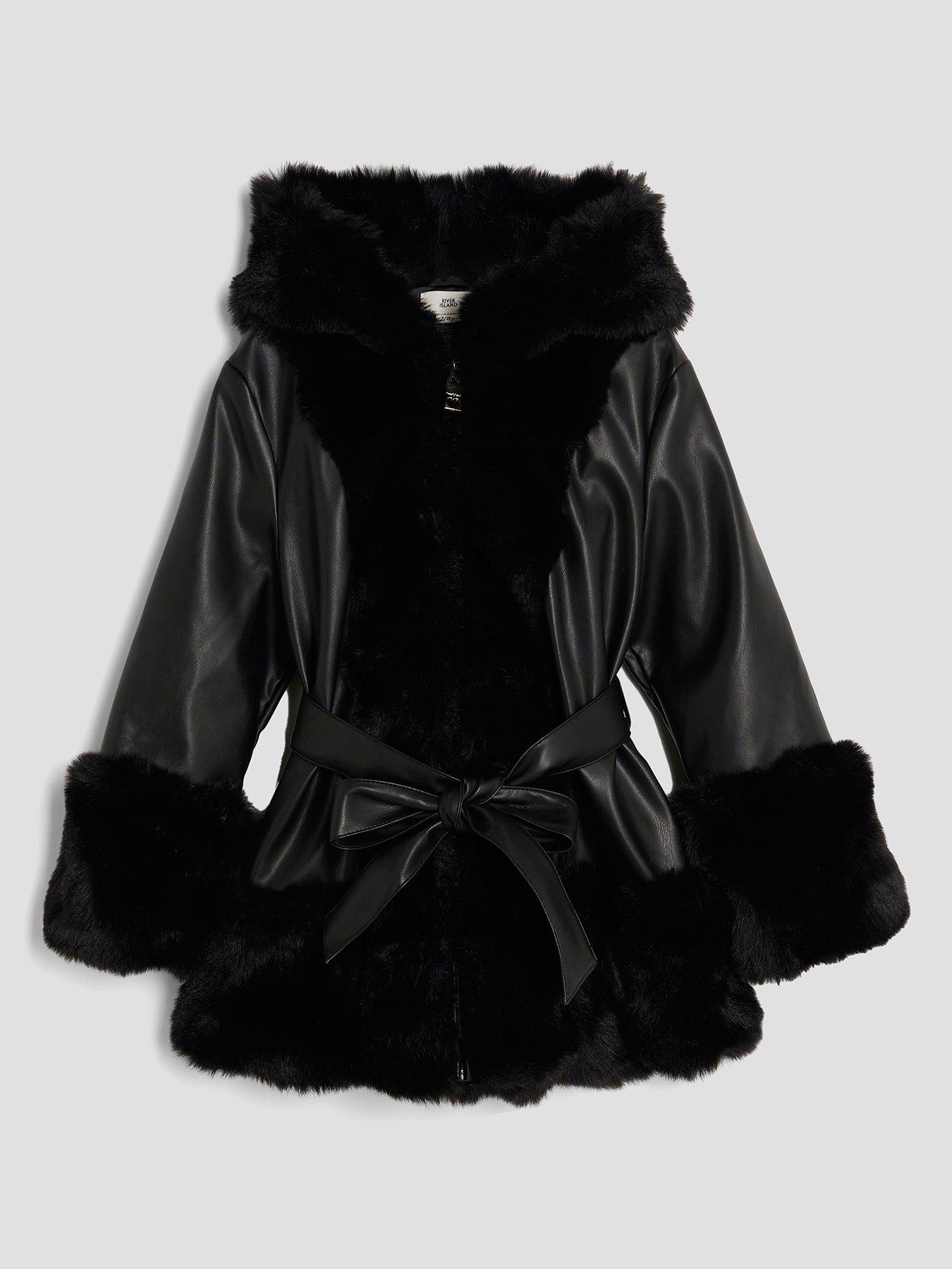 River Island Older Girls Faux Fur Wrap Hooded Coat - Black
